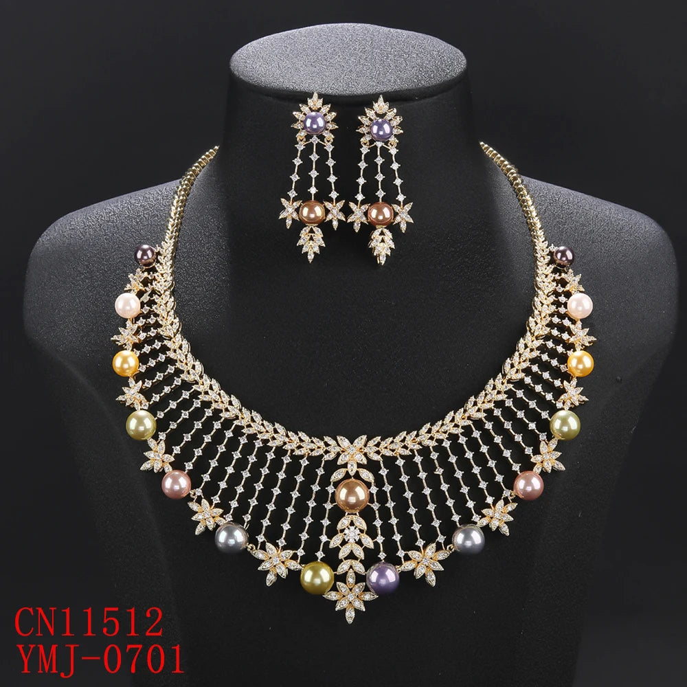 Luxury Cubic Zirconia Flower Pearl Necklace Set - Elegant Bridal Wedding Jewelry for Women | Perfect for Nigeria & Dubai Weddings, Parties & Special Occasions