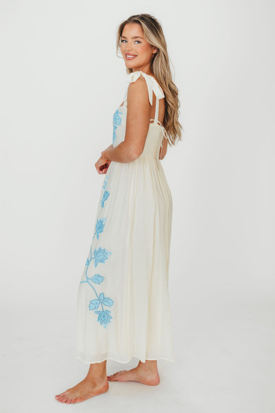 Clementine Embroidered Midi Dress - Cream & Light Blue Floral Summer Dress for Women | Perfect for Beach Vacations, Garden Parties & Date Nights