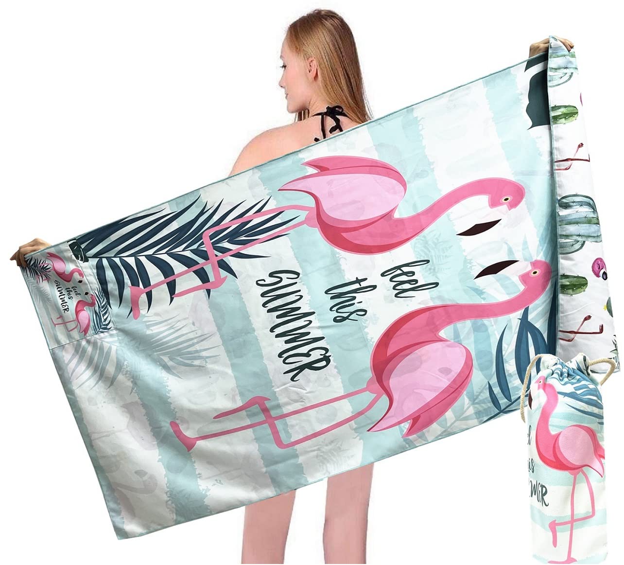 Premium Oversized Microfiber Beach Towel - Super Absorbent, Quick Dry & Sand Free - Cute Flamingo Design for Kids, Men & Women - Includes Zipper Pocket Travel Bag - Perfect for Swimming, Sunbathing & Travel