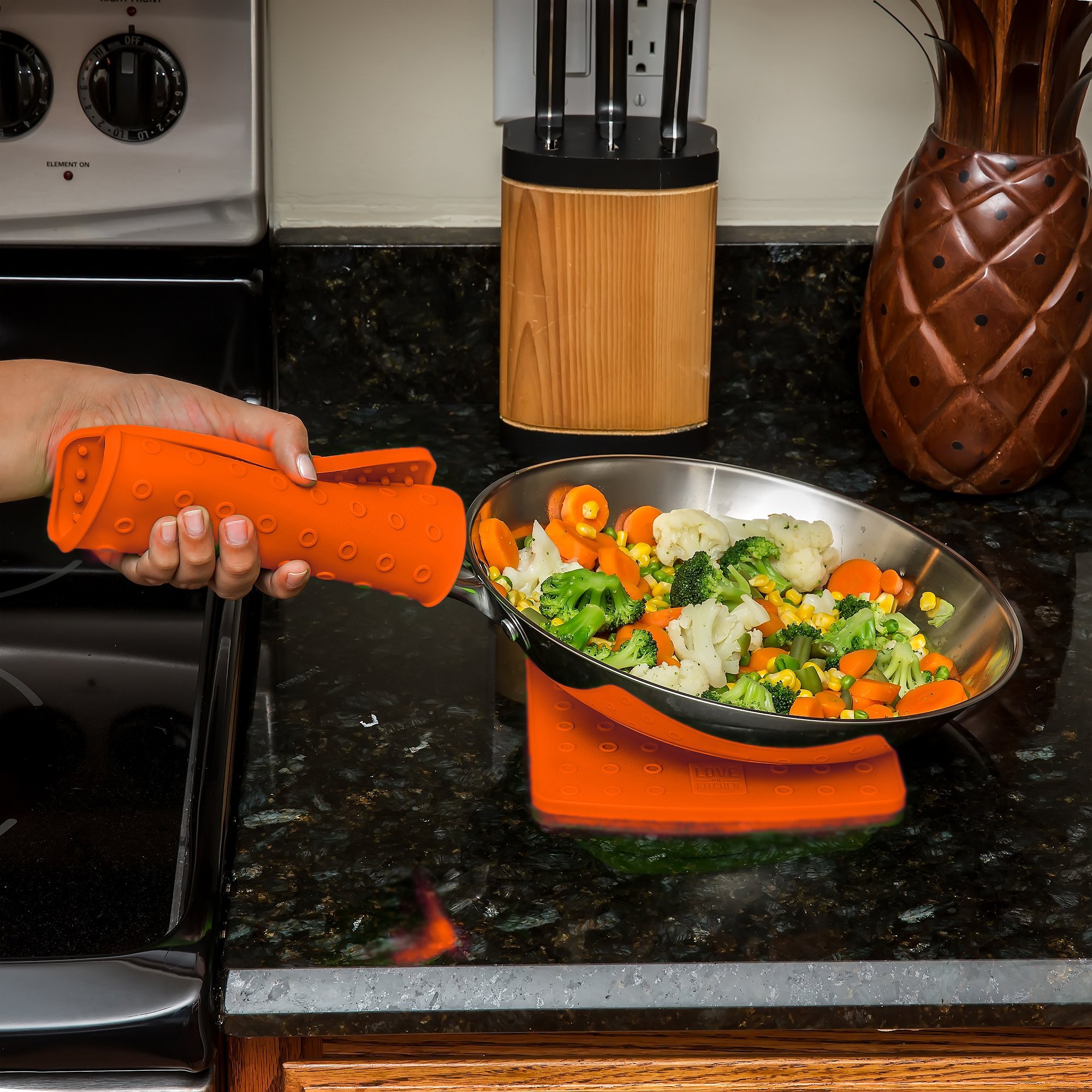 Premium Silicone Pot Holders - Heat Resistant Kitchen Trivets for Hot Pans (7x7in, Orange Pair) - Perfect for Baking & Cooking Safety