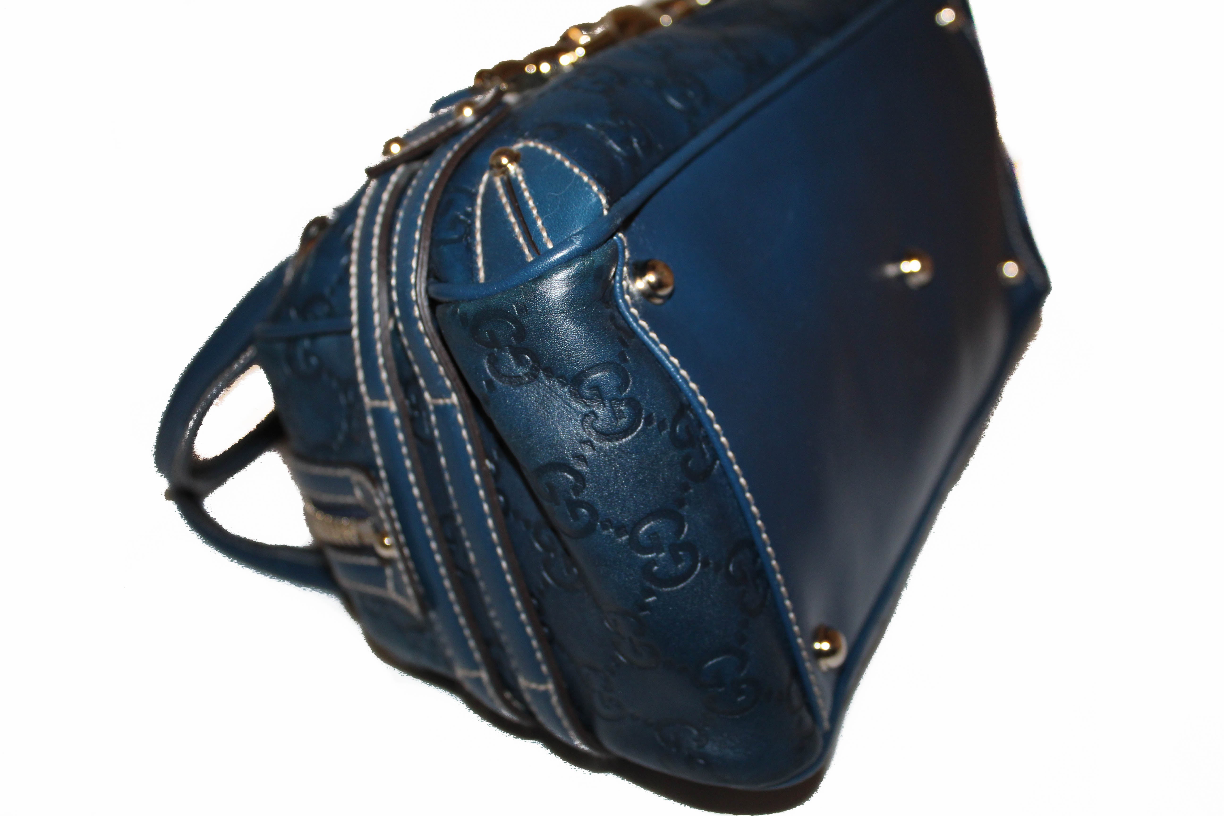 Authentic Gucci Navy Blue Guccissima Leather Horsebit Boston Handbag 159399 | Luxury Designer Shoulder Bag for Women | Perfect for Work, Travel & Evening Events