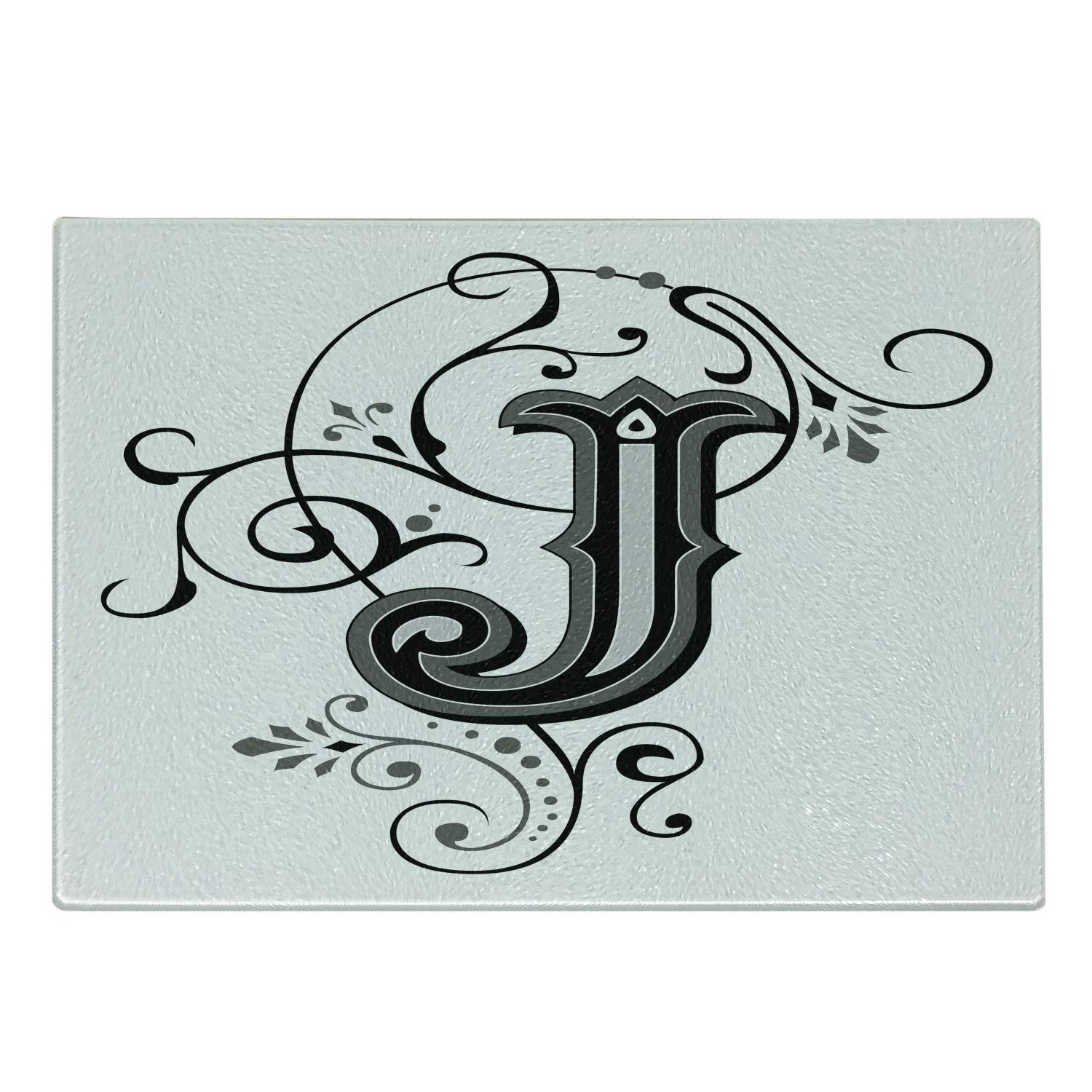 Ambesonne Letter J Cutting Board - Shabby Chic Medieval Initials J for Royal Noble Family - Decorative Tempered Glass Serving Board (Small, Black/Grey/White) - Perfect for Cheese Platters, Charcuterie & Kitchen Decor