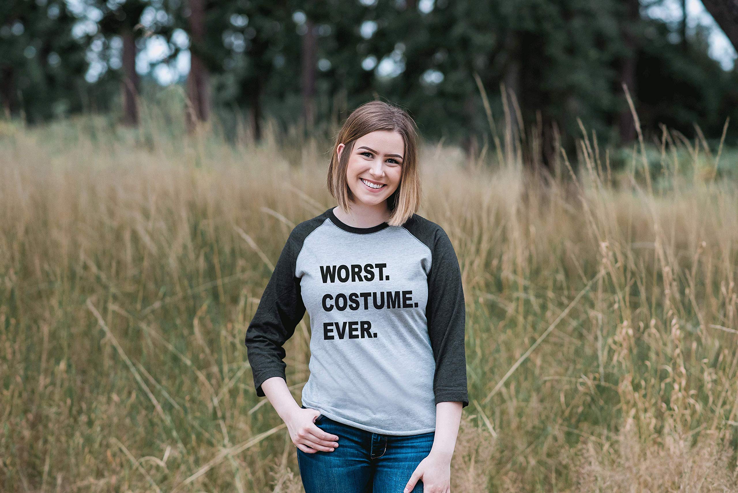 Custom Women's Worst Costume Ever Halloween Raglan Shirt | Funny Party Outfit for Halloween, Costume Parties & Themed Events
