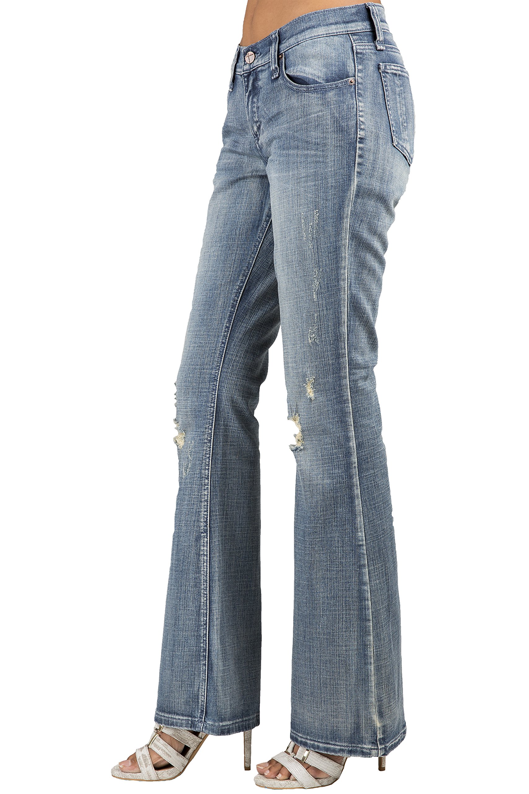 Premium Women's Blue Denim Whisker Wash Raw Edge Flare Jeans - High-Quality Comfort for Casual Wear, Date Nights & Everyday Fashion