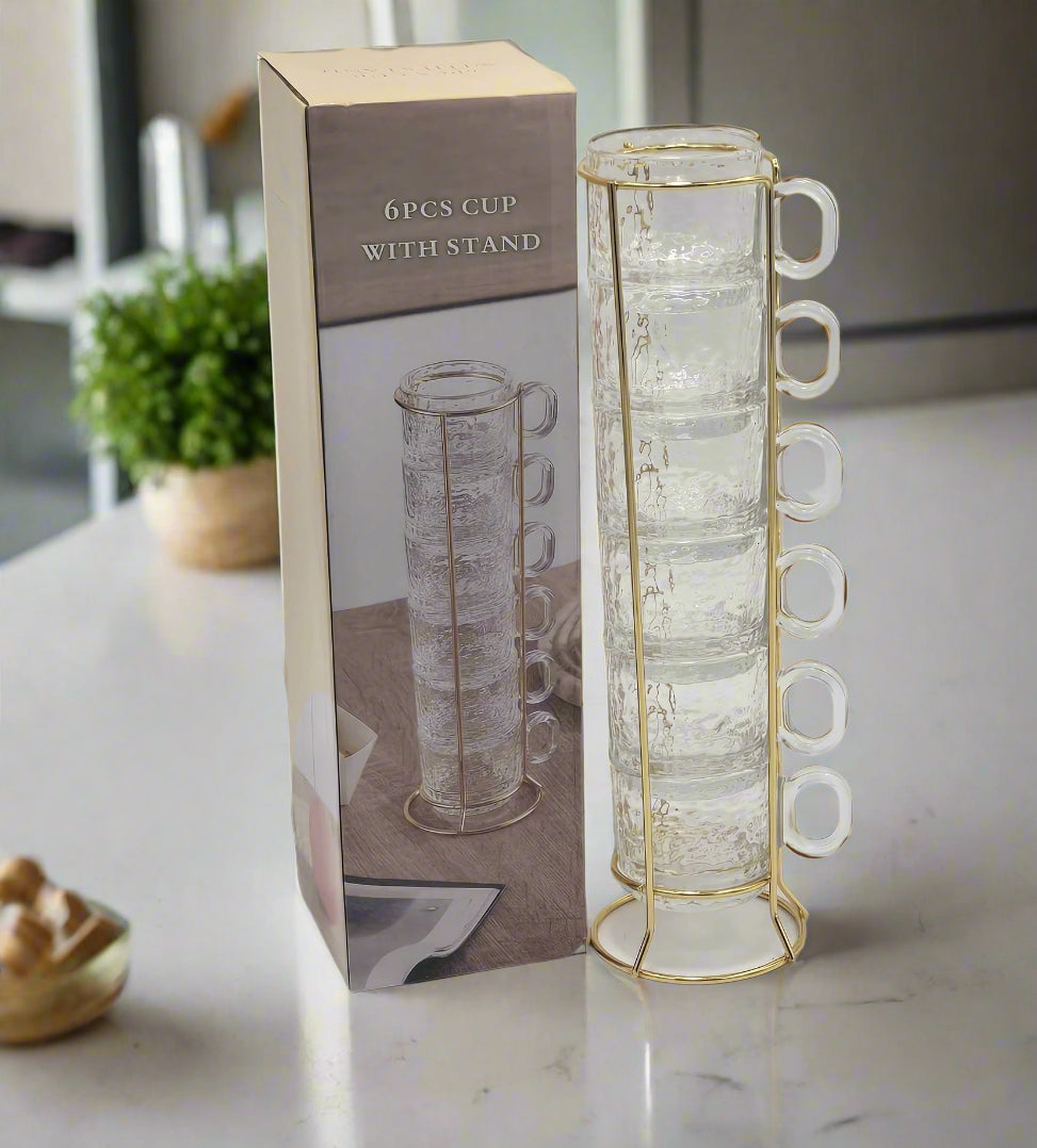 6-Piece Glass Coffee Cup Set with Wooden Stand - Perfect for Home, Office, and Cafe Use