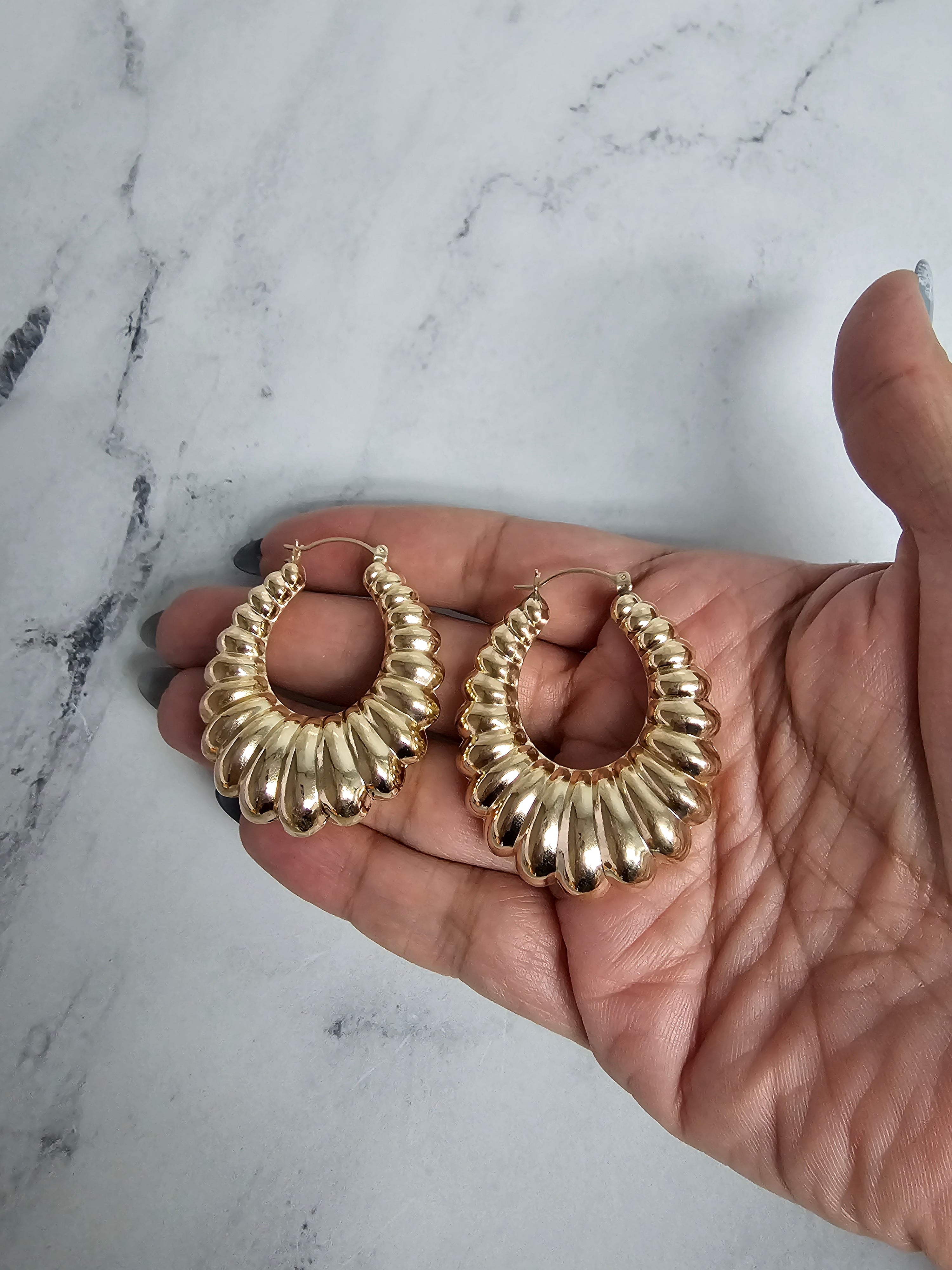 44MM Vintage Polished Puffy Shrimp Hoop Earrings 14k Yellow Gold - Elegant Statement Jewelry for Women, Perfect for Parties, Weddings & Special Occasions