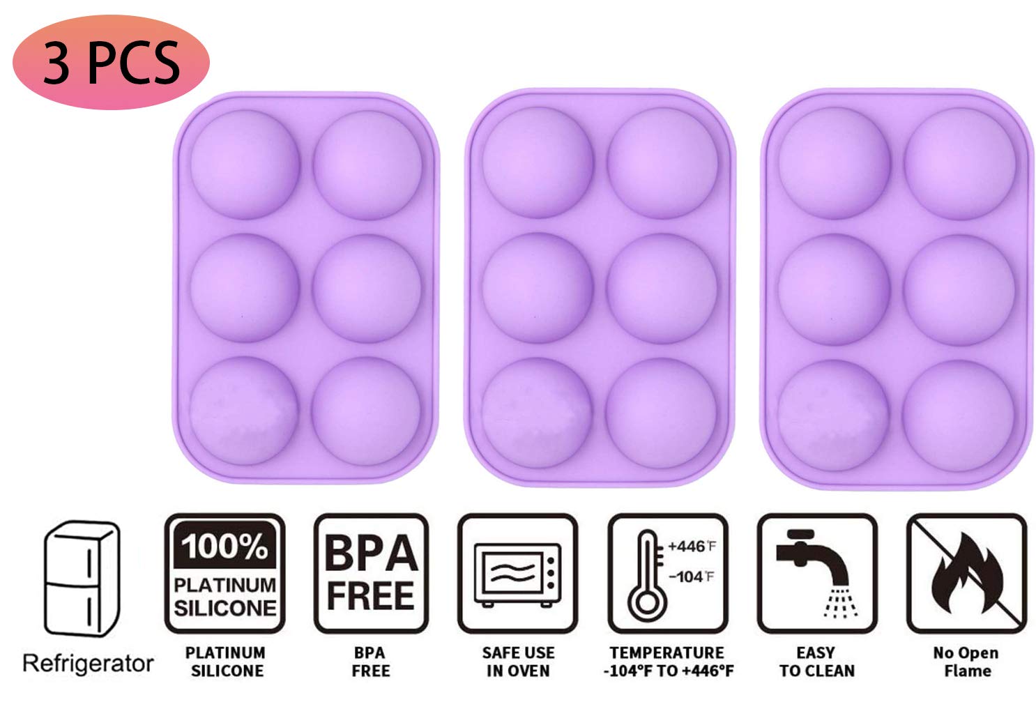 3-Pack Semi Sphere Silicone Chocolate Molds - 6-Cavity Baking Molds for Hot Chocolate Bombs, Cake, Jelly, Mousse, Soap & Ice Cubes - Perfect for Holiday Baking, DIY Desserts & Party Treats