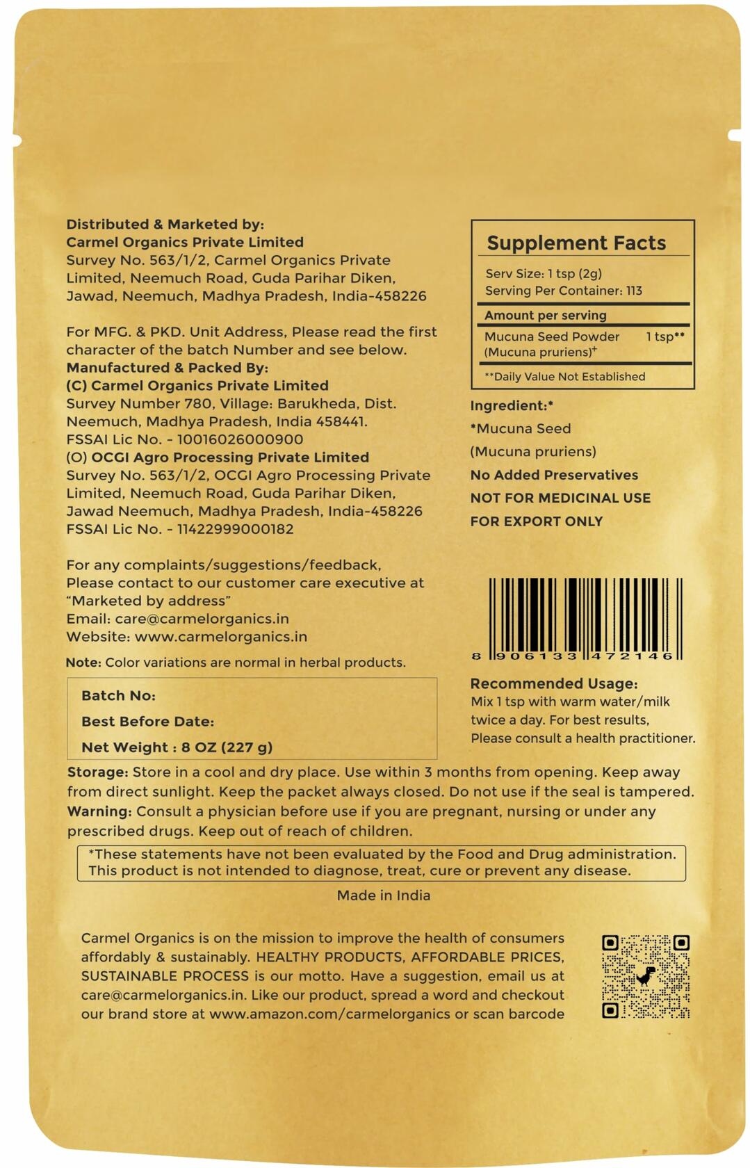 Organic Mucuna Pruriens Powder (White) - 8oz | Natural L-Dopa Supplement for Brain Health & Stress Relief | Vegan, Non-GMO | Perfect for Smoothies, Teas & Wellness Drinks
