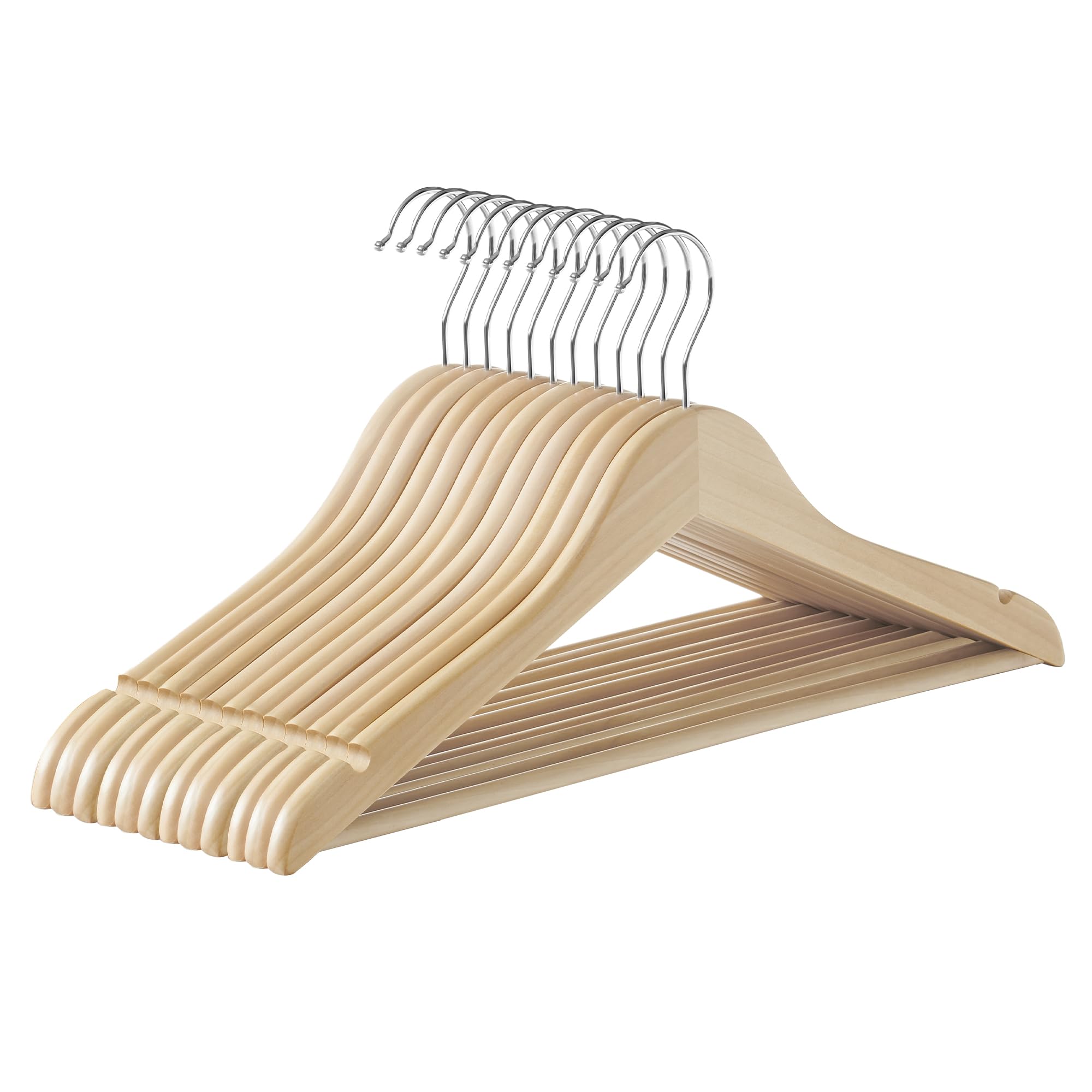 SONGMICS 12-Pack Wooden Clothes Hangers with Non-Slip Pants Bar & 360° Swivel Hooks - Natural Beige Coat Hangers for Jackets, Shirts, Blazers | Perfect for Closet Organization & Wardrobe Storage