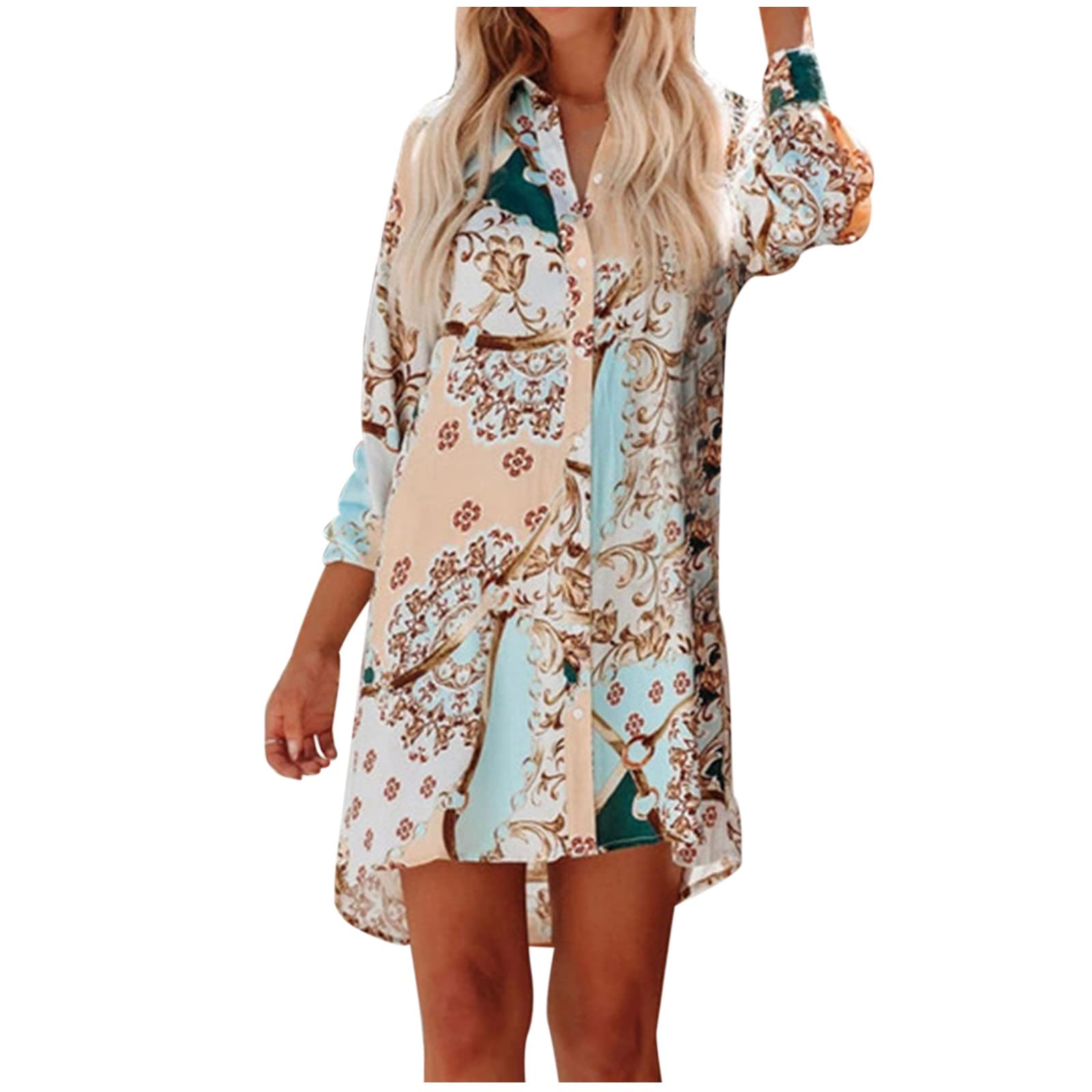 Women's Floral Print Button Down Shirt Dress - Long Sleeve V-Neck Loose Blouse Top for Casual & Work Wear | Office Outfit, Spring Summer Dress, Weekend Brunch Attire