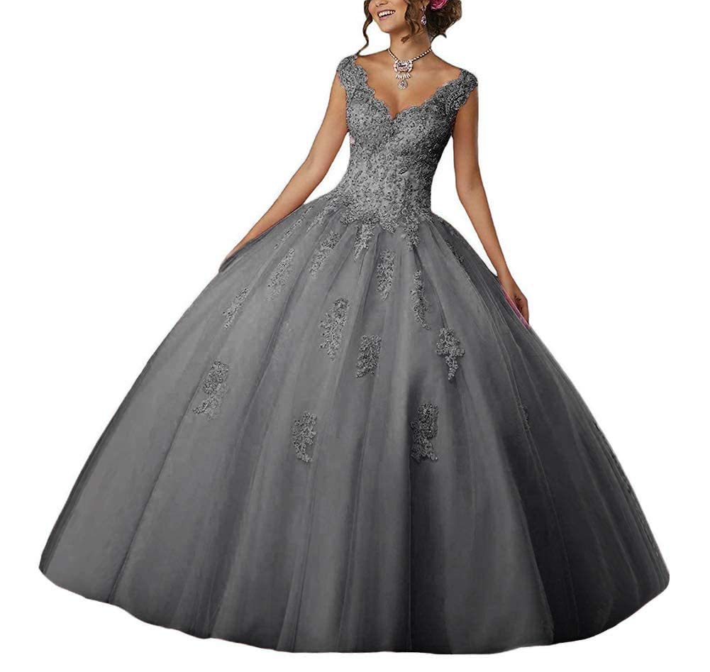 Natasha Girls V-Neck Beaded Lace Quinceañera Dress | Sweet 16 Applique Prom Ball Gown 014 | Perfect for Quinceañeras, Sweet 16 Parties, Prom & Formal Events
