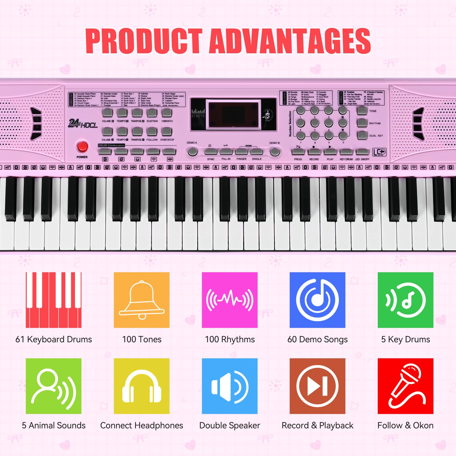 61-Key Digital Piano Keyboard for Kids with Stand - Portable Electronic Keyboard for Early Music Education, Ideal Gift for Children - Perfect for Home, School & Beginner Practice (Pink)