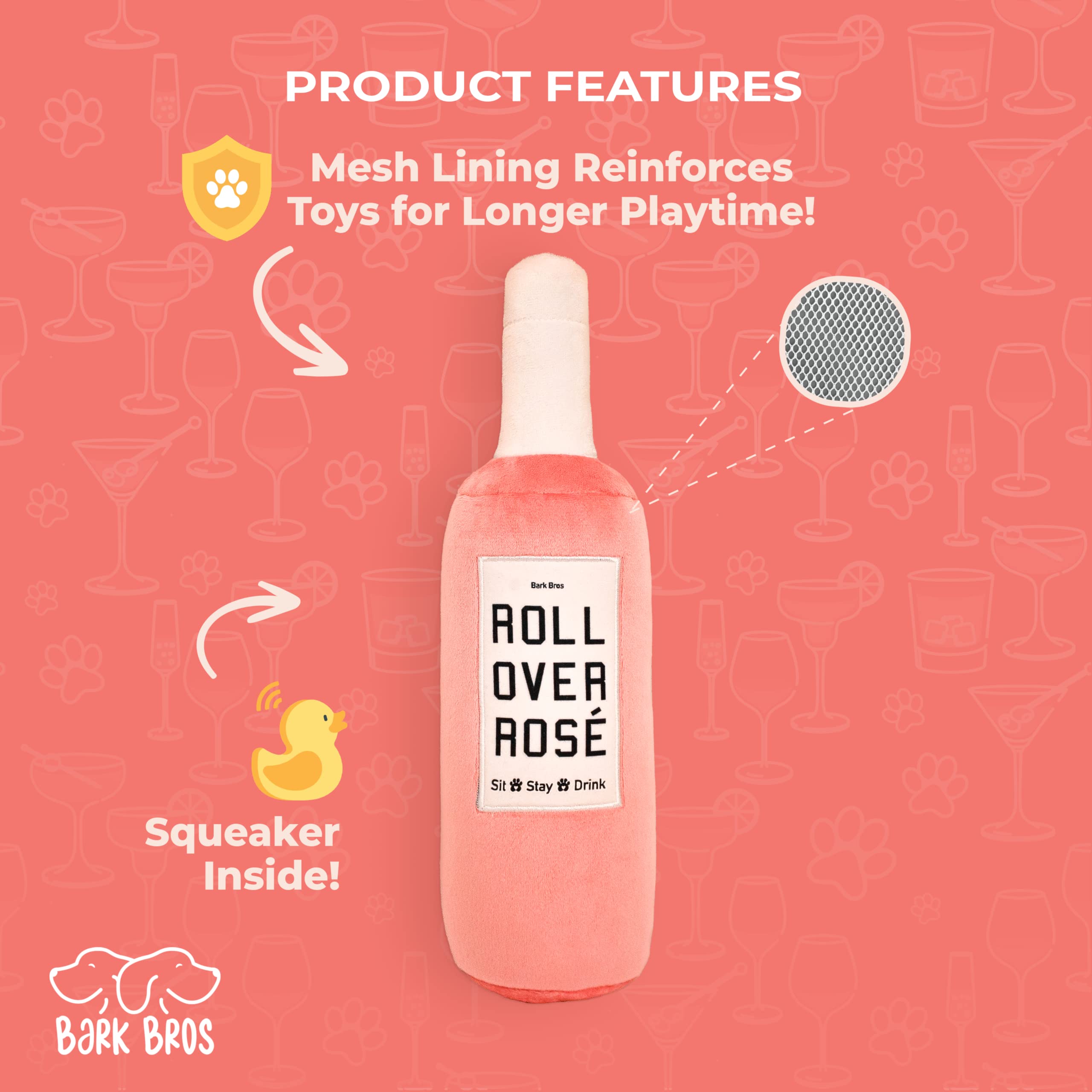 Bark Bros Rose Wine Bottle Dog Toy - Squeaky Plush Puppy Chew Toy for Small & Medium Dogs - Funny Alcohol-Themed Pet Gift for Birthdays & Parties - Cute Dog Toys for Boys & Girls (Small/Medium Size)
