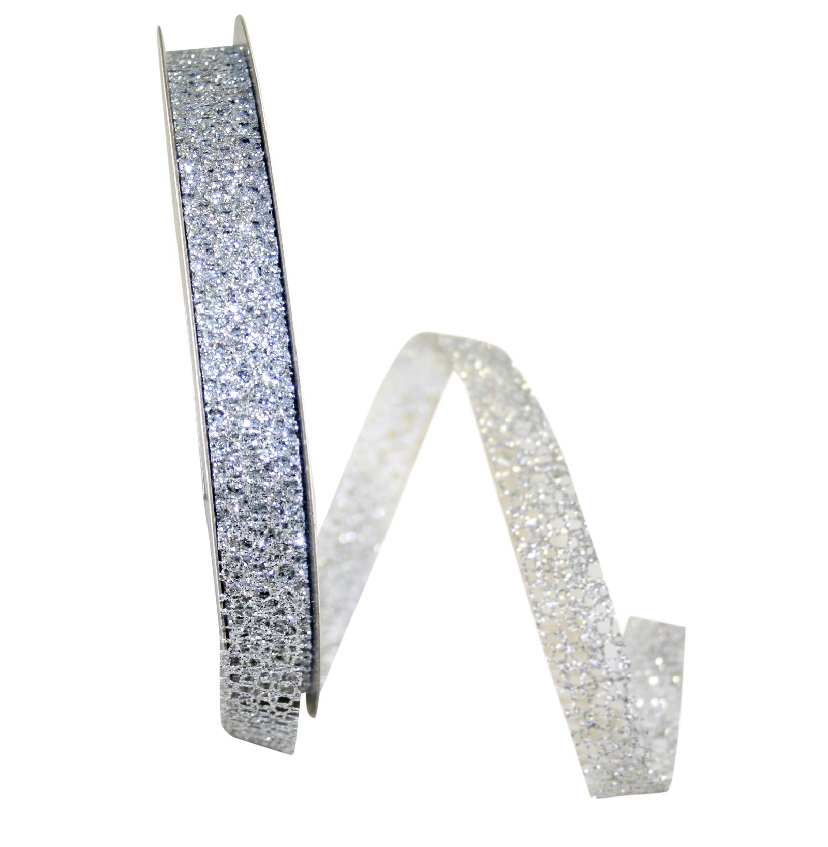 Reliant 5/8 Inch Silver Glitter Web Mesh Ribbon - 25 Yards Bulk Roll for Gift Wrapping, Party Decorations, Christmas Tree Trimming & Craft Projects