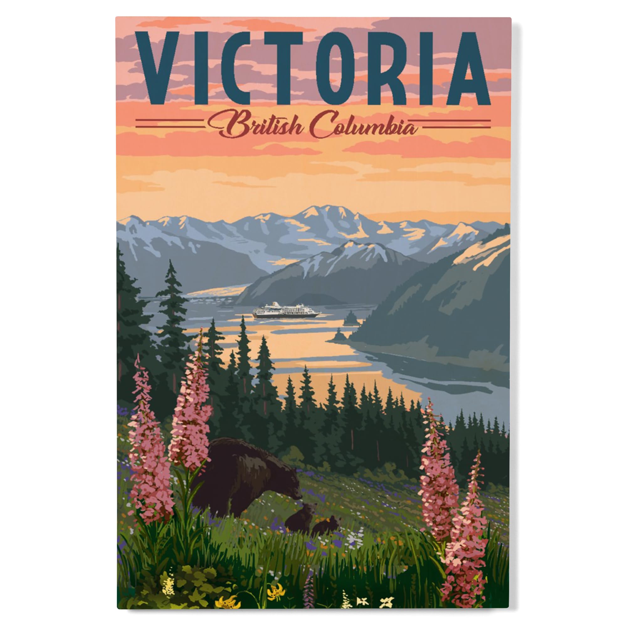 Lantern Press 12x18 Inch Premium Wood Wall Sign - Ready to Hang Home Decor with Victoria BC & Inside Passage Bear Spring Flowers Design - Perfect for Living Room, Bedroom or Cabin Decor