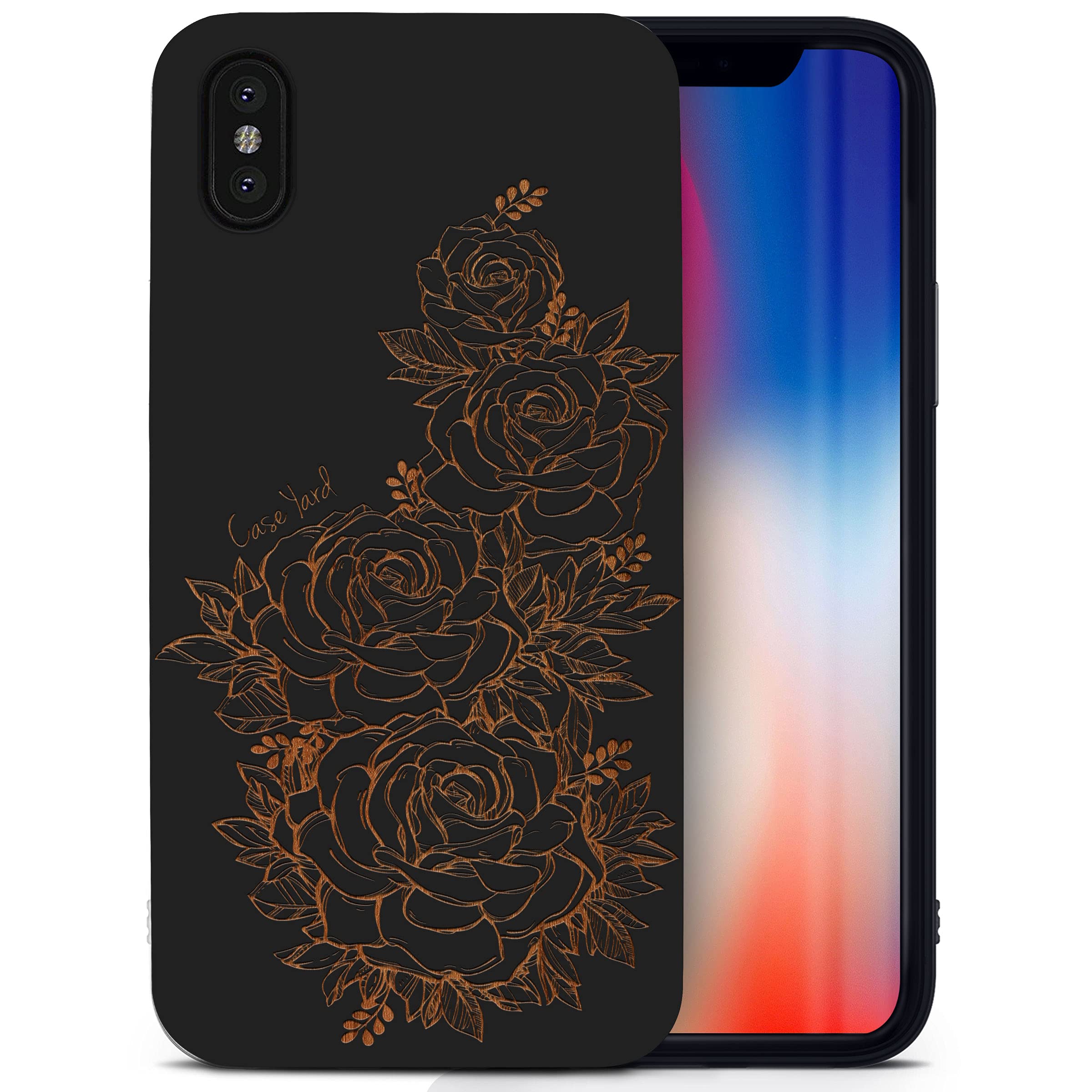 CaseYard Wooden Phone Case for iPhone Xs Max - Laser Engraved Victorian Roses Design, Black Wood Protective Cover | Slim Fit Shockproof Case for Men & Women | Perfect for Daily Use, Travel & Gift Giving