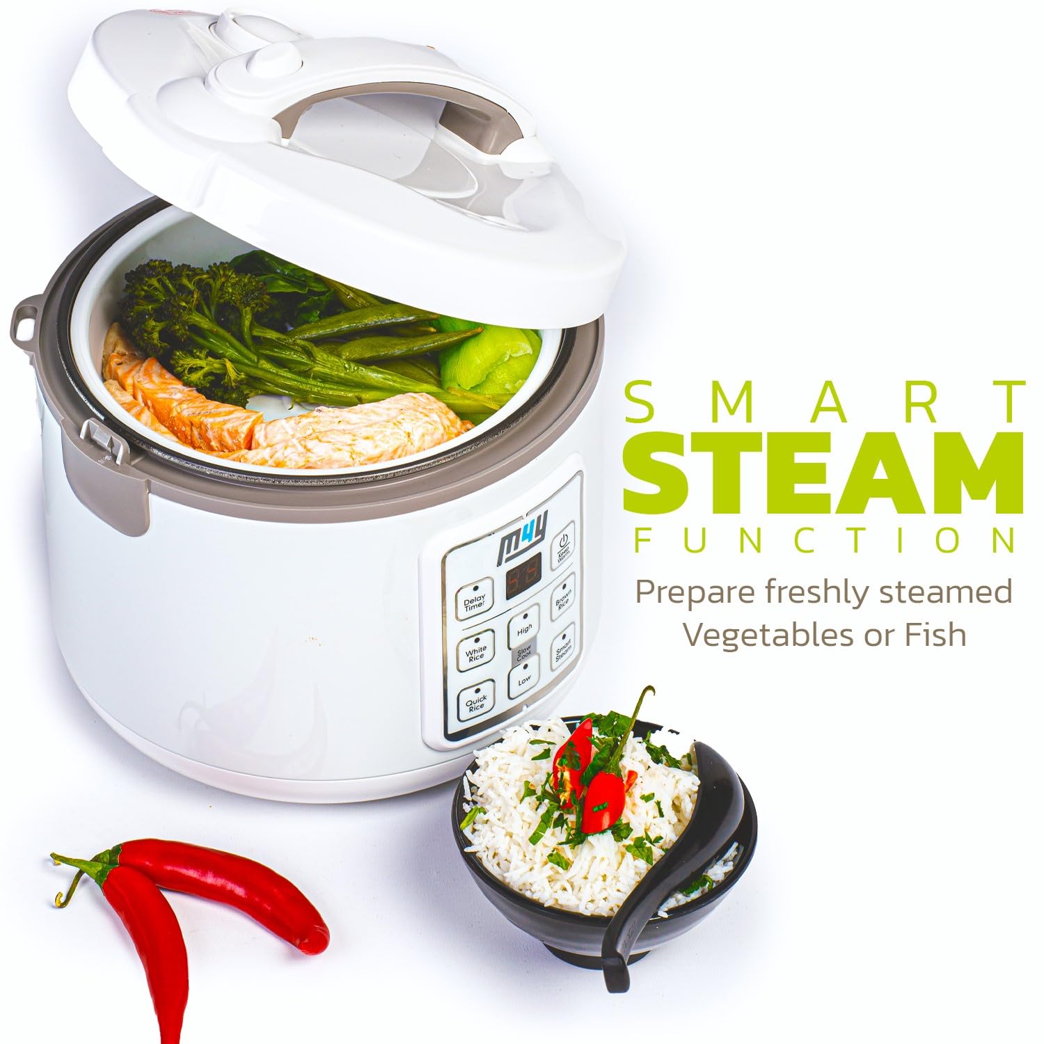 M4Y 1.2L Multi-Functional Rice Cooker with Slow Cooker & Steamer - 6-Cup Capacity for 1-6 People | Keep Warm, Delay Timer, Premium Non-Stick Inner Pot | Includes Spatula & Measuring Cup | Perfect for Rice, Soups, Stews & Meal Prep | Quick & Easy Cooking for Families, Dorms & Small Kitchens