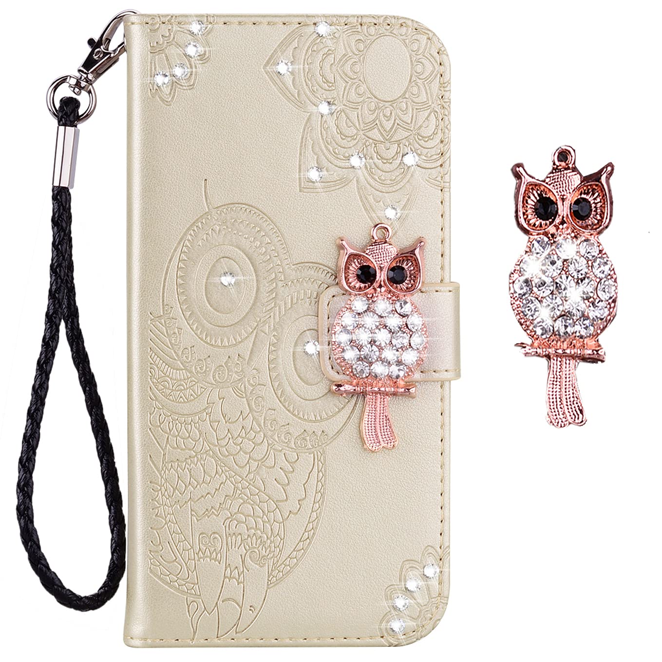 Samsung Galaxy S21 Case for Women - Glitter Bling Diamond PU Leather Wallet Phone Cover with Wrist Strap, Full Body Protective Flip Case (Owl Gold) | Perfect for Everyday Use, Travel & Gift Giving