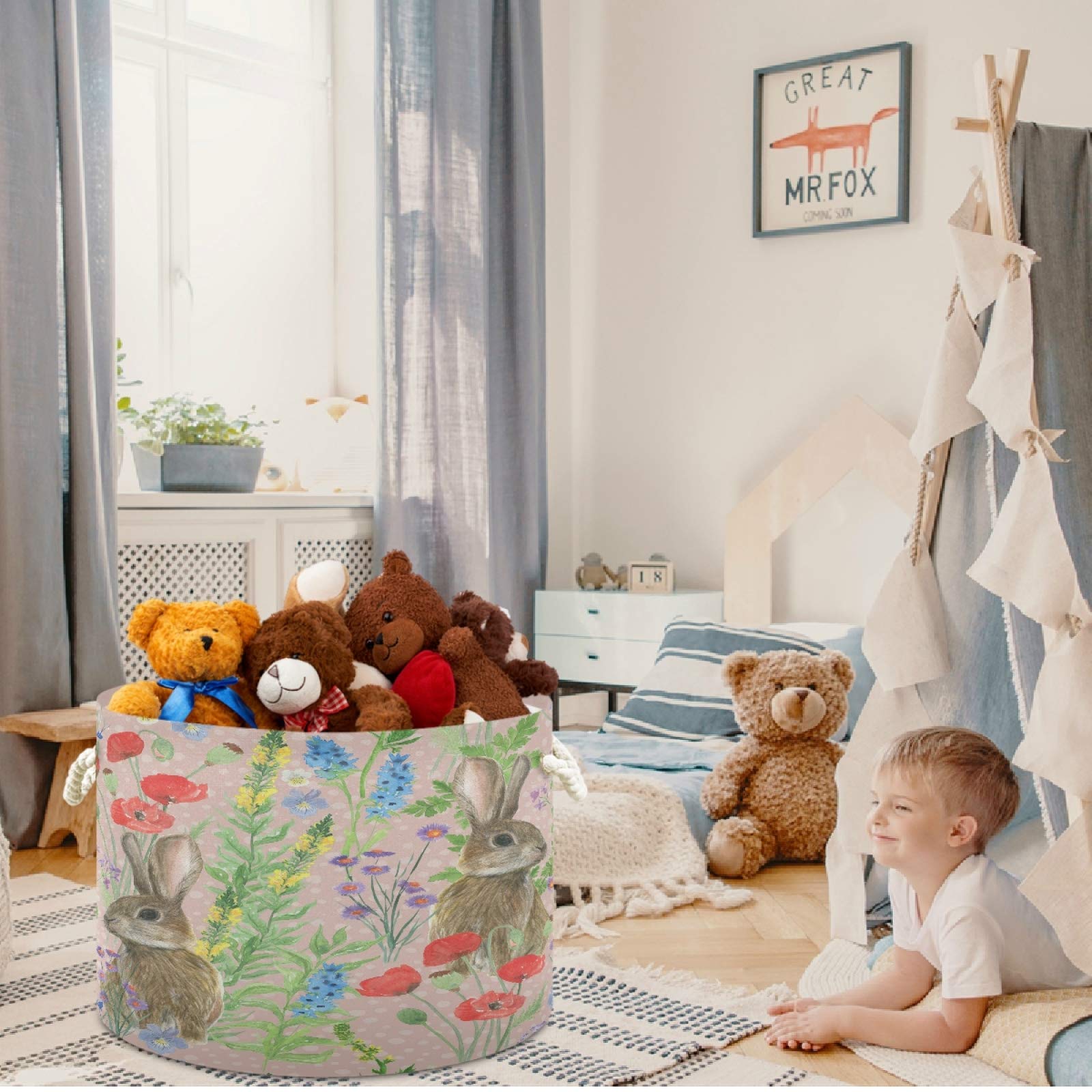 Visesunny Collapsible Fabric Storage Basket - Beautiful Floral Bunny Design for Laundry, Toys & Clothes | Perfect for Bathroom, Bedroom, Nursery, Closet & Office Organization | Foldable Storage Bin with Handles for Easy Space Saving