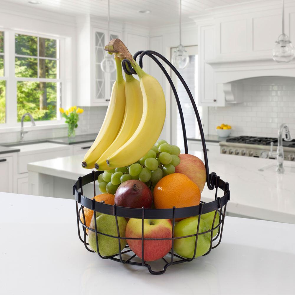 Sturdy Fruit Storage Basket with Banana Hanger - Perfect for Kitchen Countertop, Pantry Organization & Fresh Produce Display