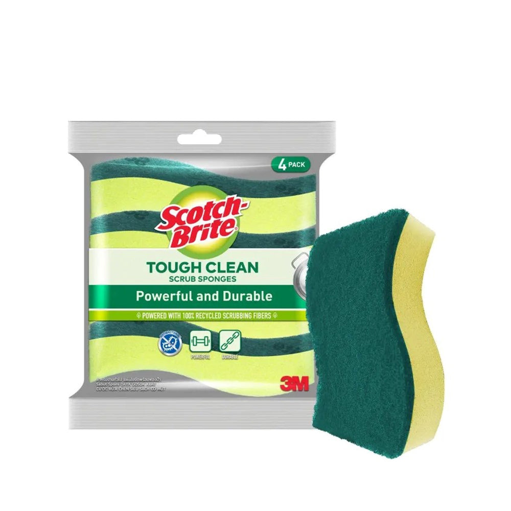 3M Scotch Brite Tough Clean Scrub Sponges - 4 Pack Heavy Duty Cleaning Sponges for Kitchen, Bathroom & Dishes - Non-Scratch Scouring Pads with Ergonomic Design for Deep Cleaning