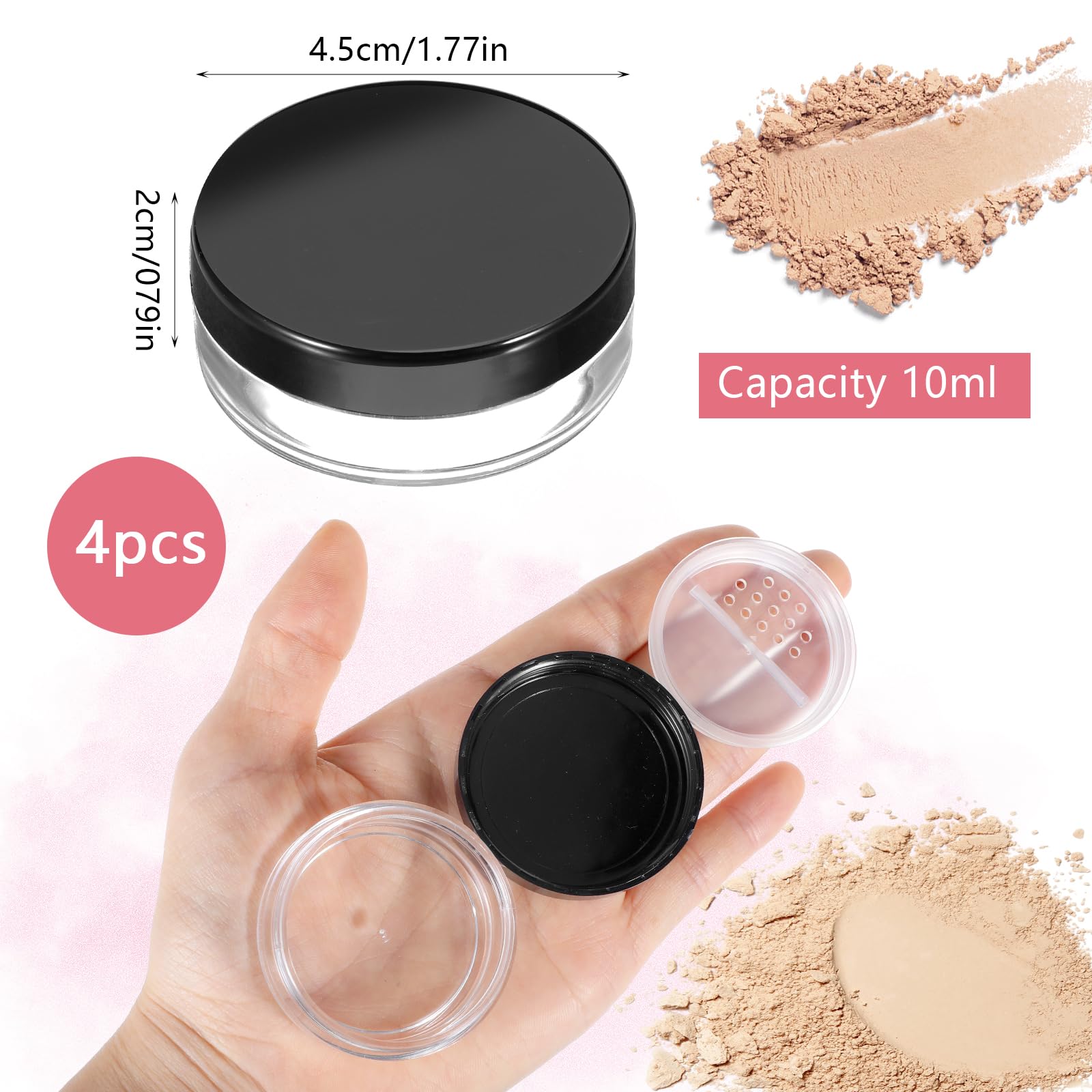 4Pcs 10ml/0.34oz Empty Travel Powder Containers with Rotatable Sifter & Screw Lid - Refillable Loose Powder Dispenser for Makeup, Cosmetics & DIY - Perfect for On-the-Go Touch Ups, Travel & Home Use