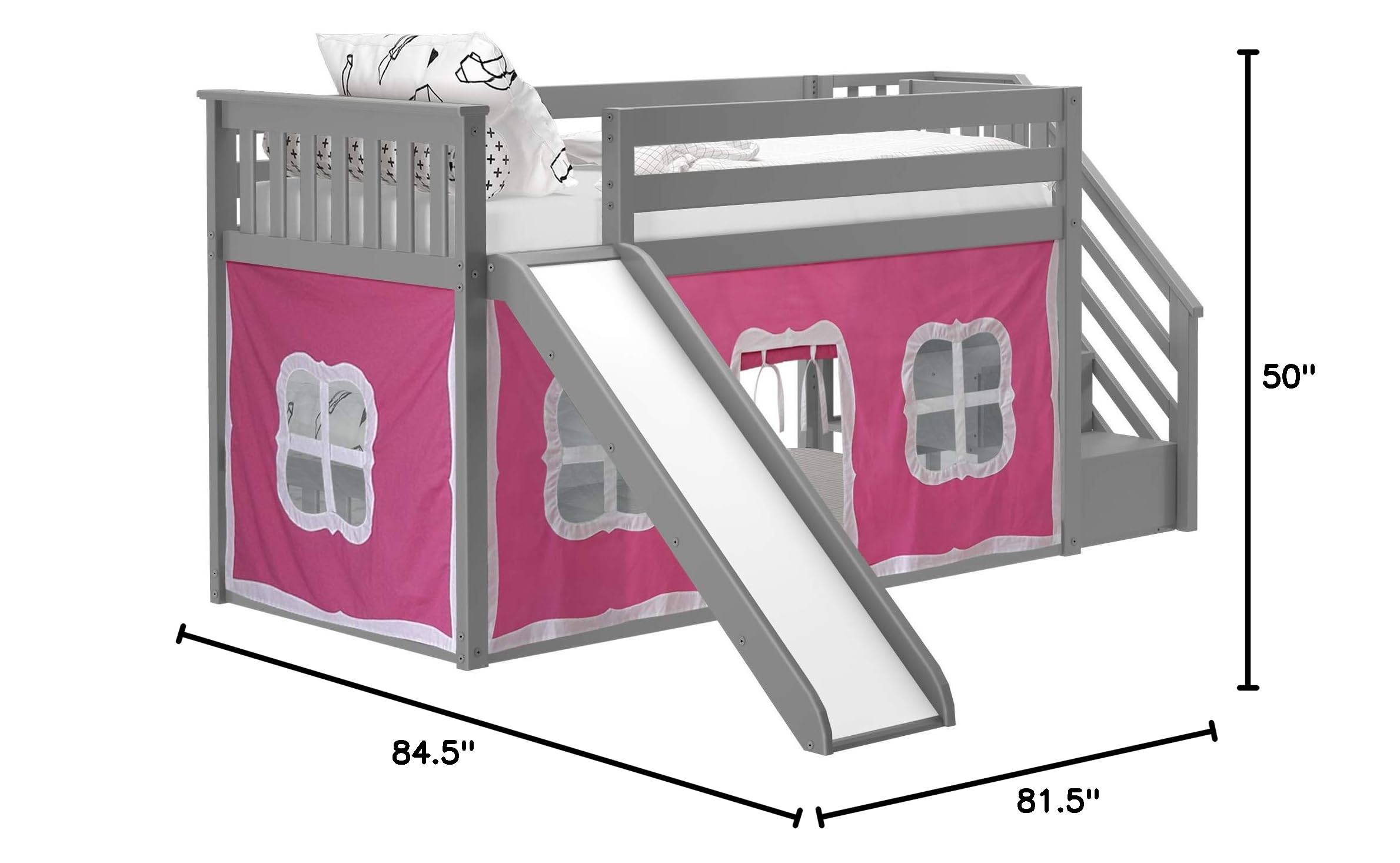 Max & Lily Low Bunk Bed with Stairs & Slide - Twin Over Twin Kids Bed Frame with Bottom Curtains in Grey/Pink - Perfect for Small Bedrooms, Playrooms & Sleepovers