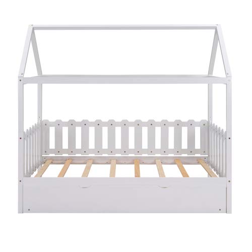 Twin Size Wooden House Bed with Trundle - Fence-Shaped Guardrail & Slatted Support Frame - No Box Spring Needed (White) - Perfect for Kids' Bedroom, Guest Room or Small Space Nursery