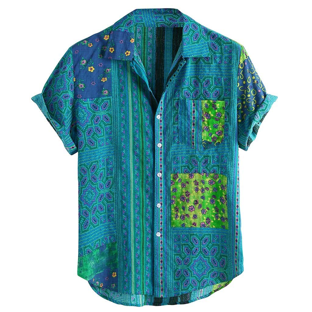 Men's Hawaiian Shirts - Vintage Loose Fit Short Sleeve Collar Ethnic Print Casual Button Down Shirt for Beach Vacation & Summer Parties