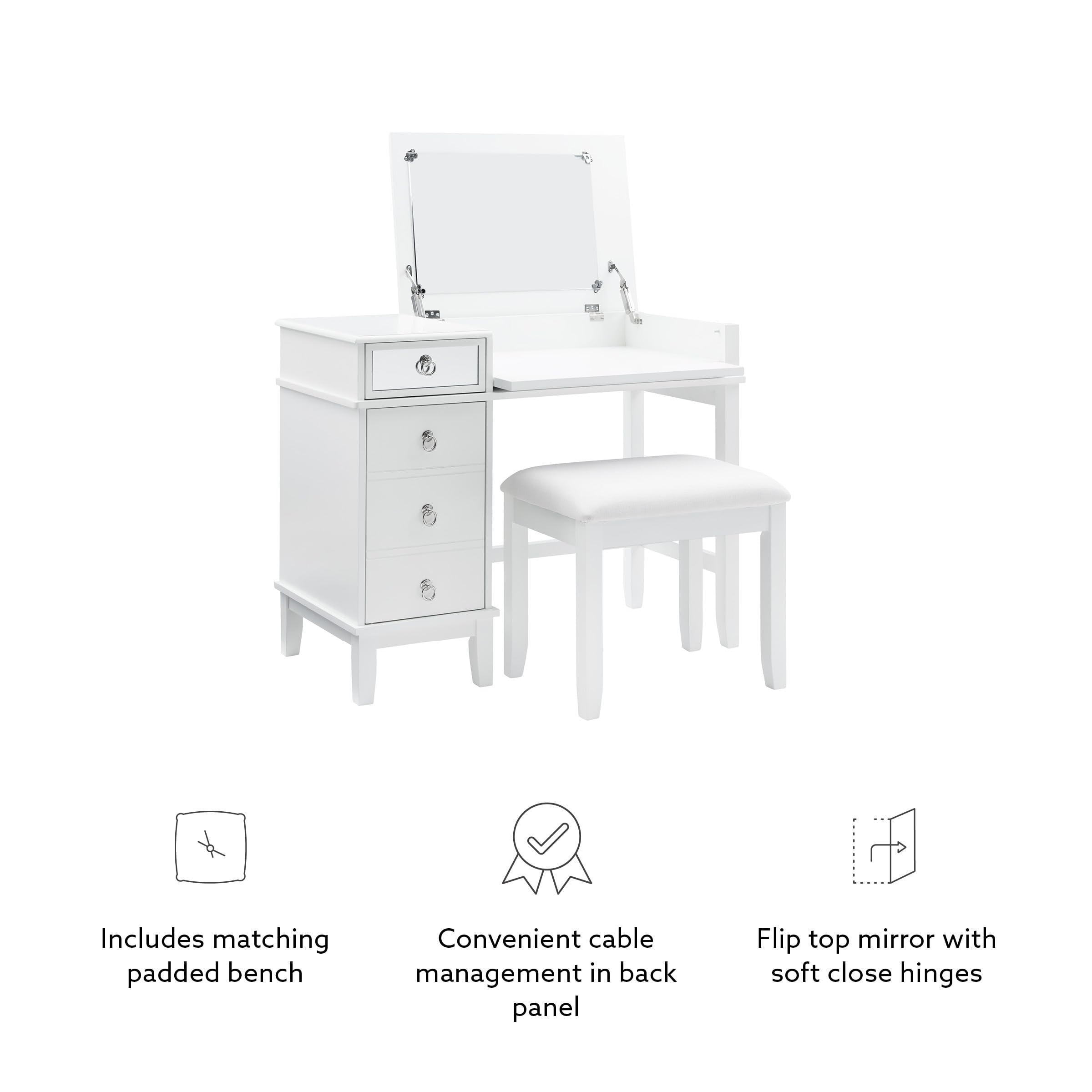 Linon White Vanity Set with Mirror & Stool - Elegant Dressing Table for Bedroom, Bathroom & Makeup Area