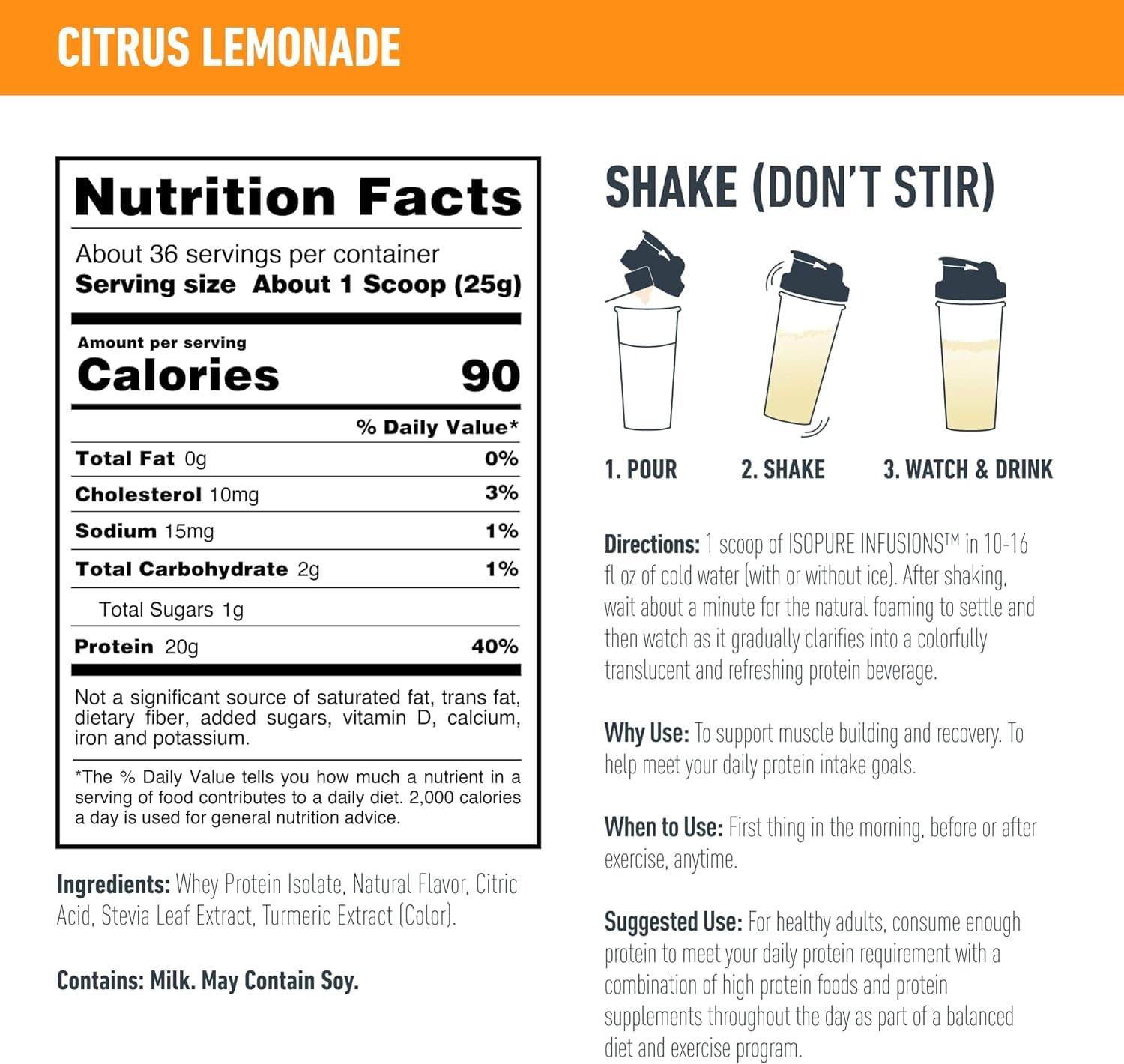 Isopure Clear Whey Isolate Protein Powder - Lactose Free, Gluten Free, Naturally Flavored Citrus Lemonade - 20g Protein per Serving (1.9 lb, 36 Servings) | Post-Workout Recovery & Healthy Lifestyle Supplement