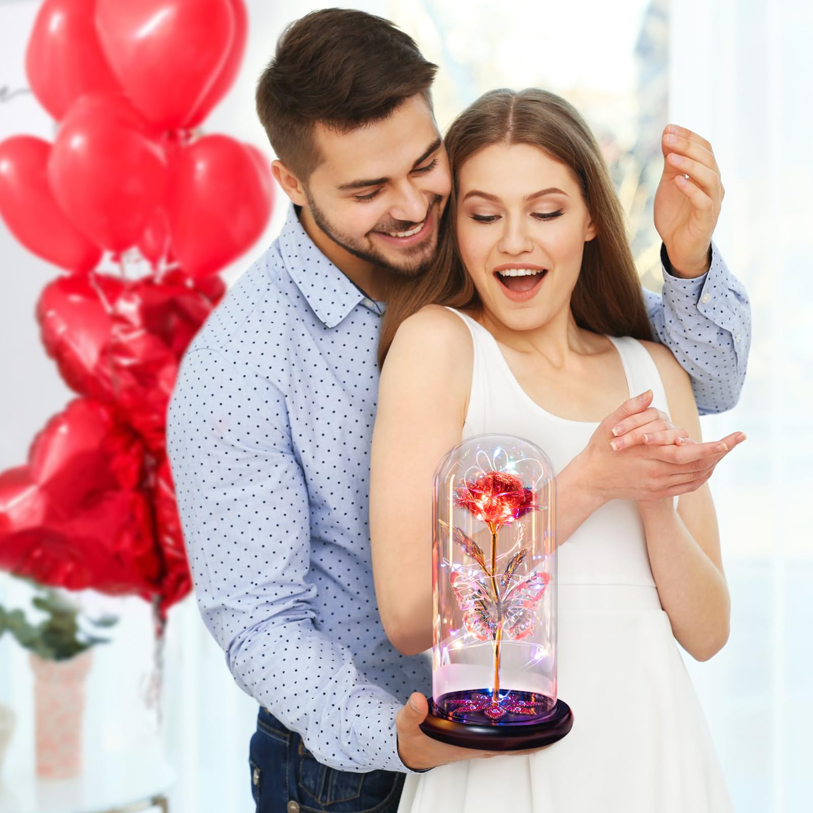 Eternal Crystal Rose in Glass Dome with Butterfly - Galaxy Glass Rose Flower Gift for Mom, Women, Wife, Grandma, Daughter - Mother's Day, Anniversary, Birthday Gift Idea - Romantic Home Decor & Night Light