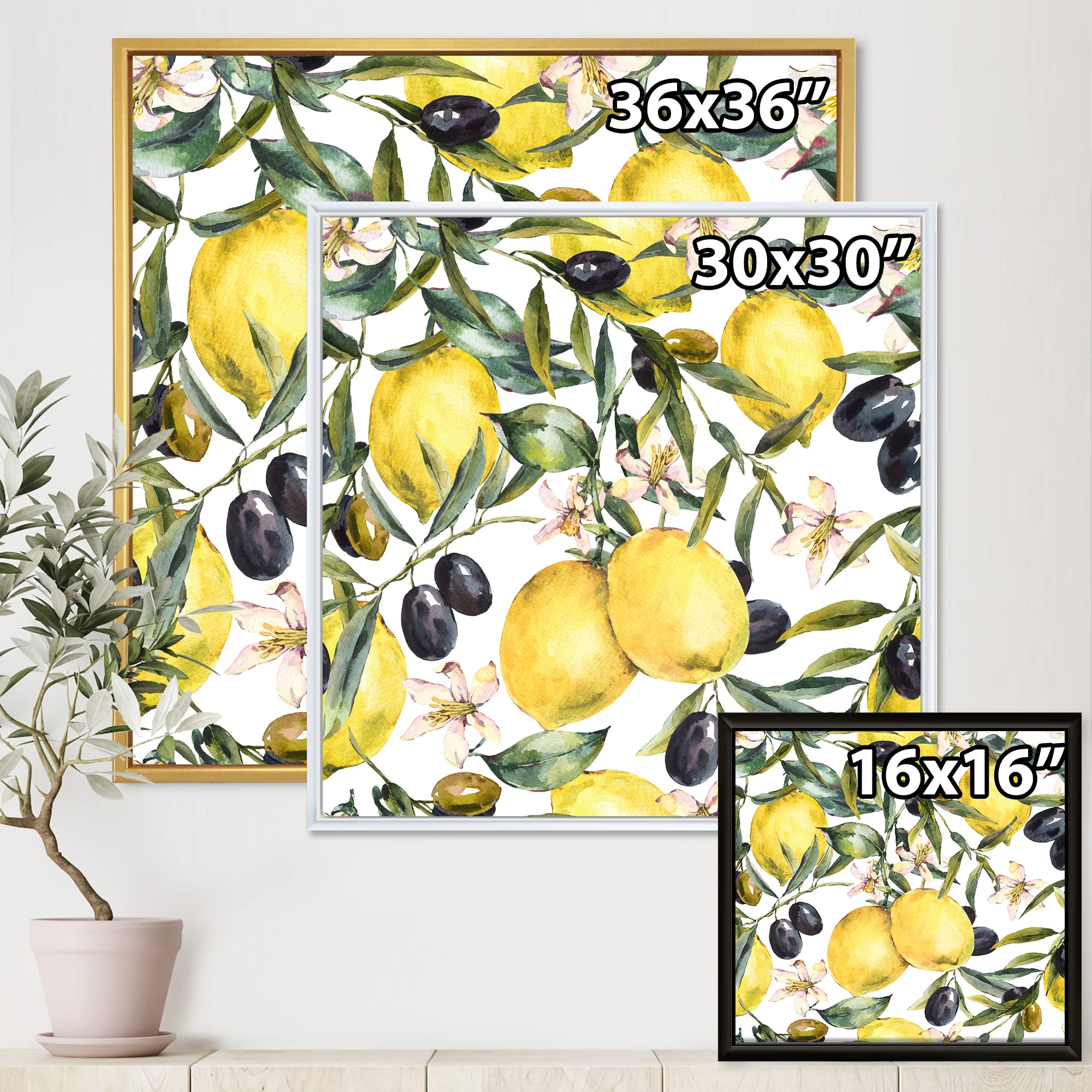 DesignQ Lemon and Olive Branches I - Tropical Framed Canvas Wall Art Print for Living Room, Bedroom & Office Decor | Modern Botanical Painting | Ready to Hang