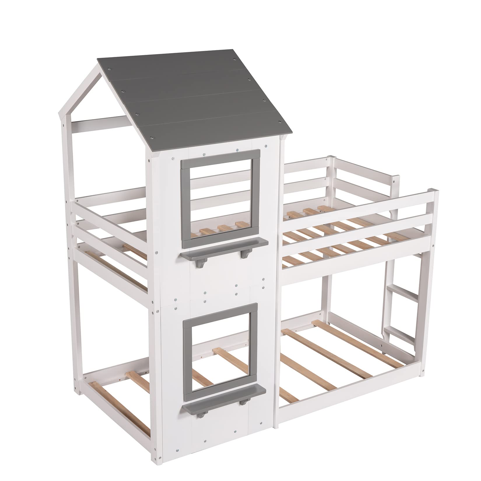 Twin Over Twin Wooden Bunk Bed Frame for Kids & Teens - Sturdy House Bunk Beds for Boys & Girls (White) - Perfect for Kids' Bedrooms, Dormitories & Space-Saving Home Decor