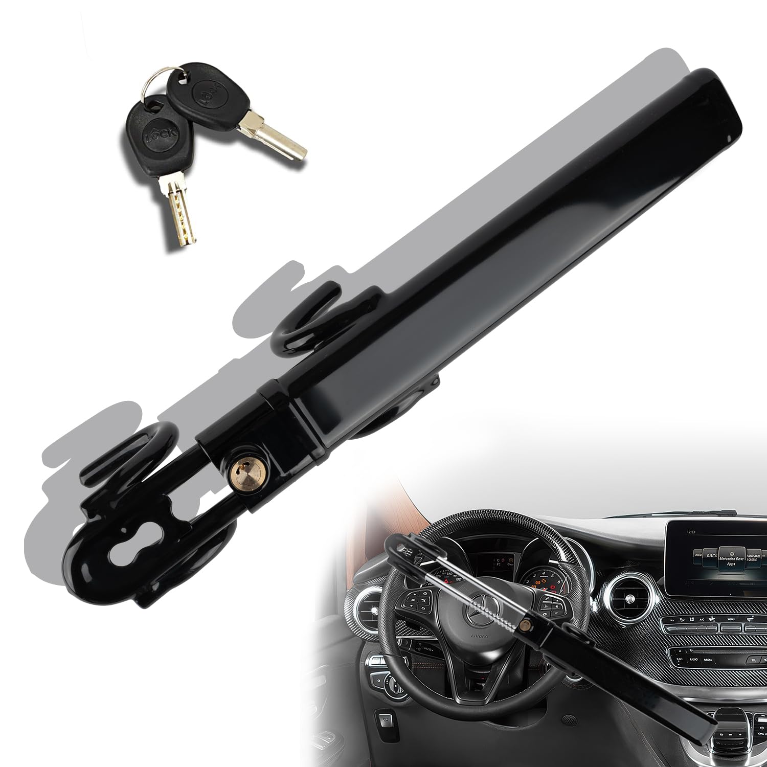 Universal Car Steering Wheel Lock - Adjustable Anti-Theft Device with Double Hooks for Cars, SUVs, Pickup Trucks & Vans (Black) | Secure Parking & Theft Protection for Urban Areas & Road Trips