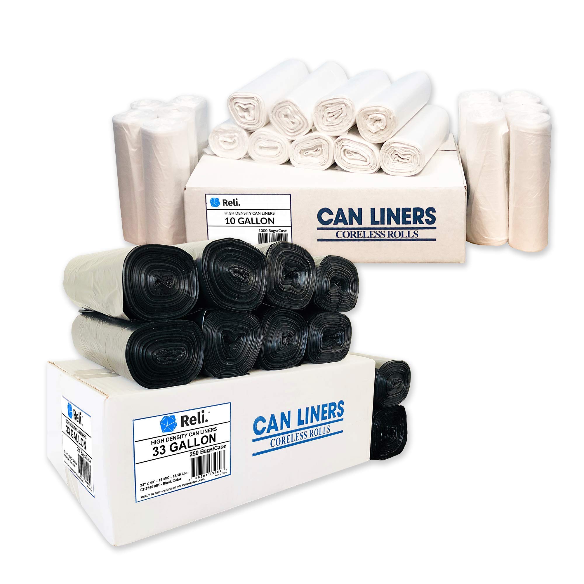 33 Gallon Heavy Duty Trash Bags - 250 Count & 6-10 Gallon Kitchen Trash Bags - 1000 Pack | Extra Thick Leakproof Garbage Bags for Home, Office, Commercial Use