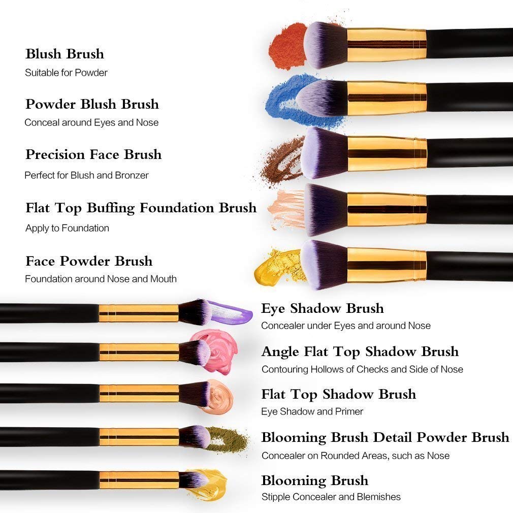 Sunaina 10-Piece Professional Makeup Brush Set - Soft Bristle Black Brushes for Foundation, Powder, Contour & Face Makeup | Complete Cosmetic Brush Kit for Everyday Makeup & Professional Use