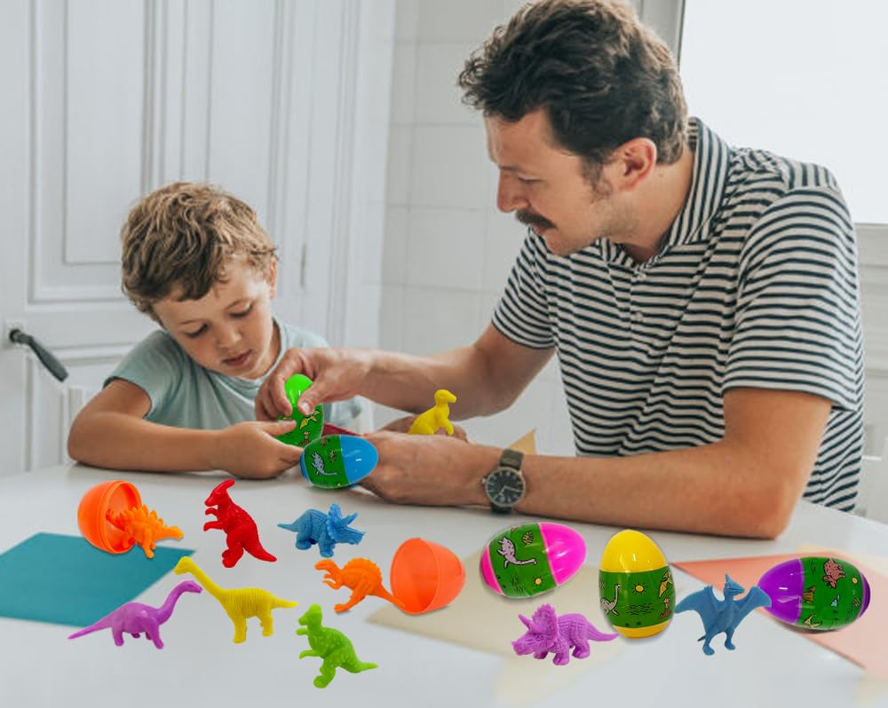 Dinosaur Easter Basket Stuffers – 12 Mini Dinosaur Toys & Reusable Sticker Activity Book | Pre-Filled Easter Eggs for Toddlers & Kids Ages 2-7 | Fun Easter Gifts for Boys & Girls | Perfect for Easter Egg Hunts, Party Favors & Classroom Rewards
