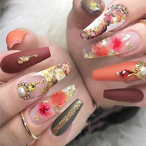 Fall Press on Nails Long Coffin Shape - Maple Leaf Gold Foil Matte Acrylic Nails with Rhinestones & Pearls Design - 24Pcs Luxury Glue on Fake Nails for Women & Girls - Perfect for Halloween, Thanksgiving, Parties and Special Occasions