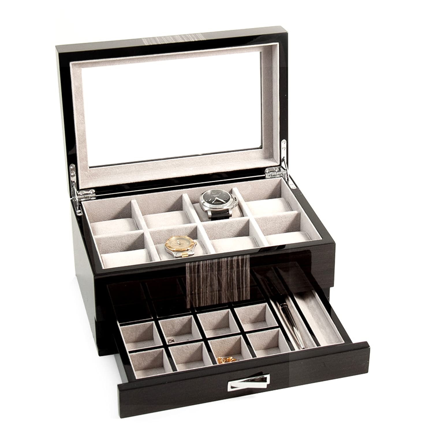 Bey-Berk High Gloss Lacquered Wooden Watch & Jewelry Storage Box with Glass Top - 8 Watch Slots & Drawer for Cufflinks, Pens - Perfect for Dresser Top, Closet Organization & Travel Jewelry Case