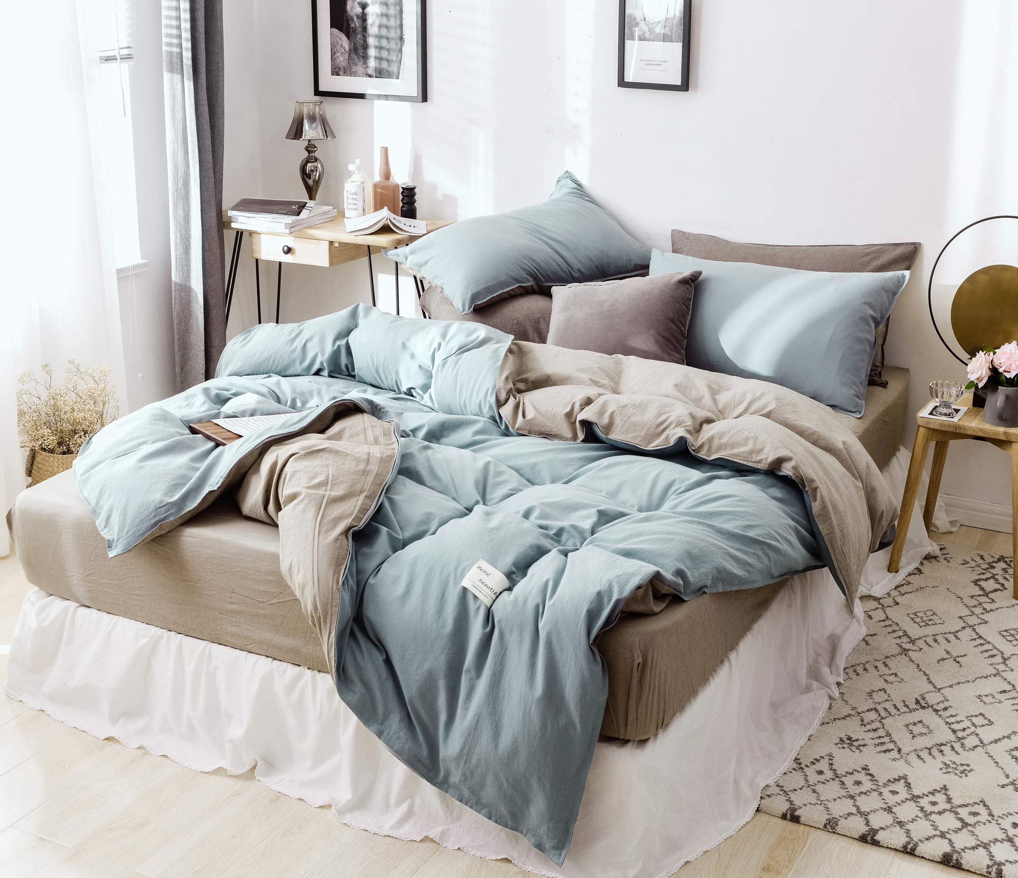 Premium 100% Cotton 200 Thread Count Duvet Cover Set - California King Size (Blue-Grey & Brown) with 2 Pillowcases | MOON'S SLEEPWARES Herse Series | Soft & Breathable Bedding for Luxurious Comfort - Perfect for Master Bedrooms, Guest Rooms & Hotels