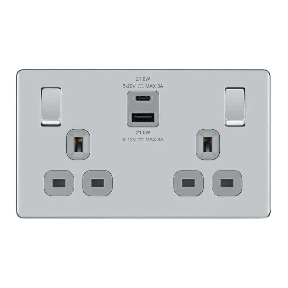 BG Nexus Screwless Polished Chrome 13A Double USB Socket - 22W Fast Charging with Type A+C Ports (FPC22UAC22G) - Perfect for Bedrooms, Offices & Hotels