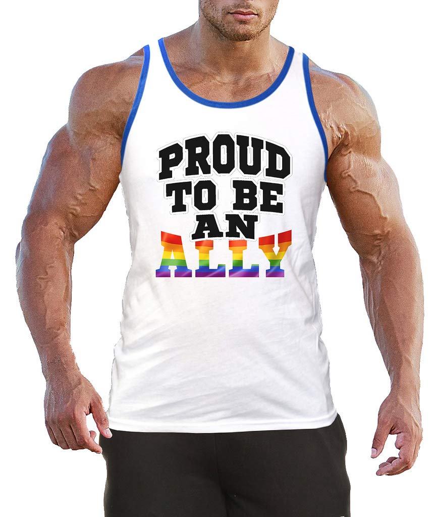 Men's Proud to Be an Ally Graphic Tank Top - White with Blue Trim - Soft Cotton Muscle Tee for LGBTQ+ Support, Pride Events & Casual Summer Wear