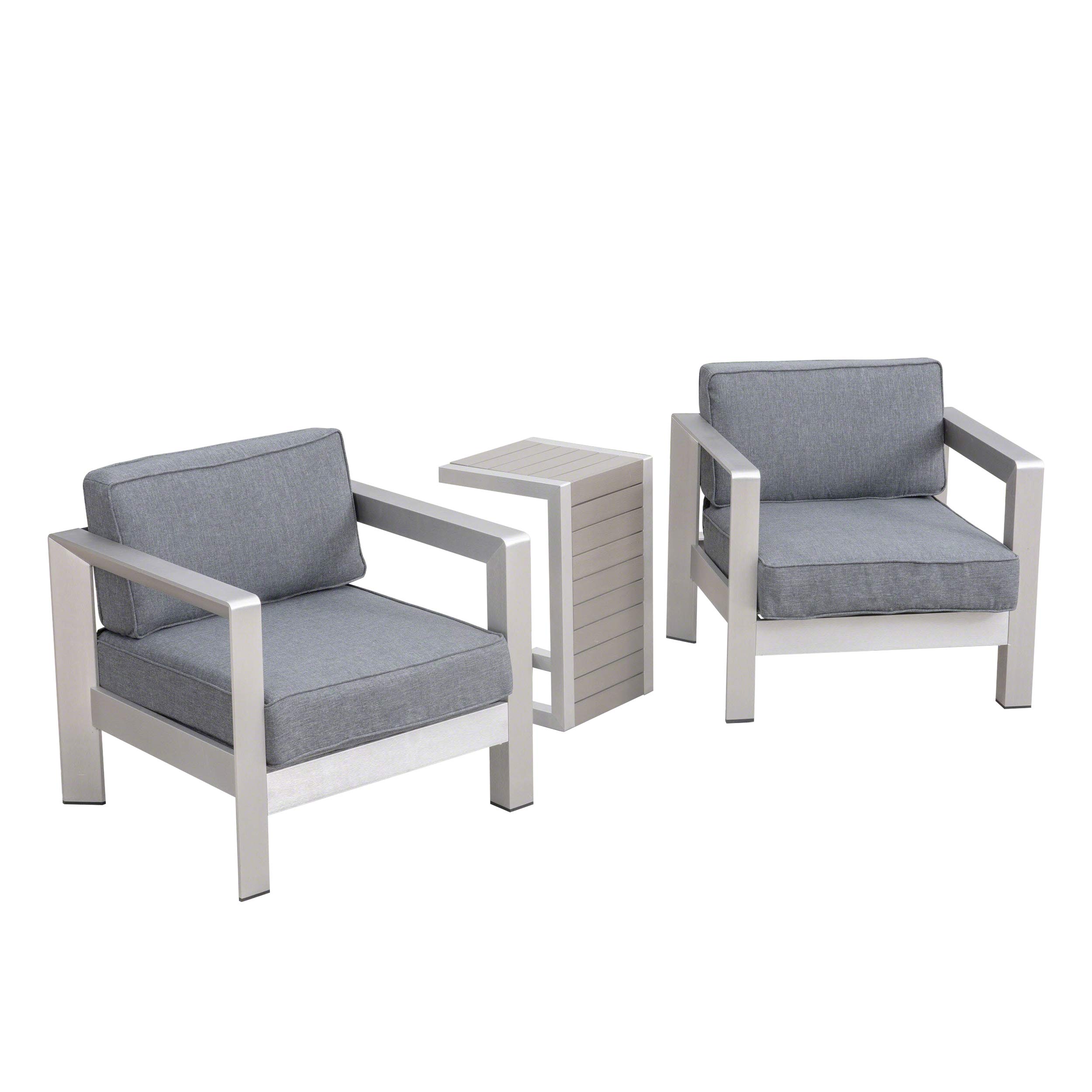 GDFStudio Outdoor Aluminum Club Chairs with Faux Wood-Topped Side Table - Silver Gray & Natural Wood Finish Patio Furniture Set for Garden, Poolside & Backyard Relaxation