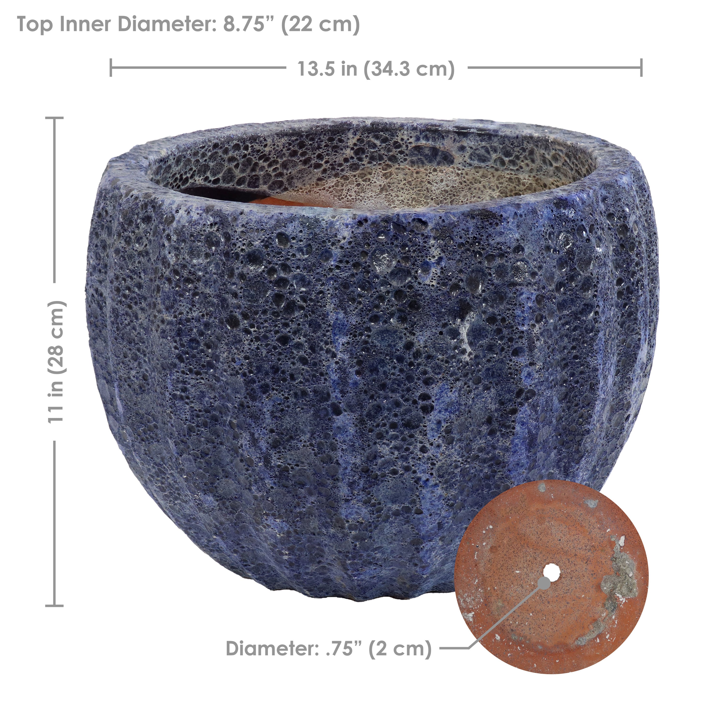 Sunnydaze 13.5 Inch Ceramic Flower Pot with Dark Blue Fluted Lava Finish - Perfect for Indoor Plants, Home Decor & Garden Decorations