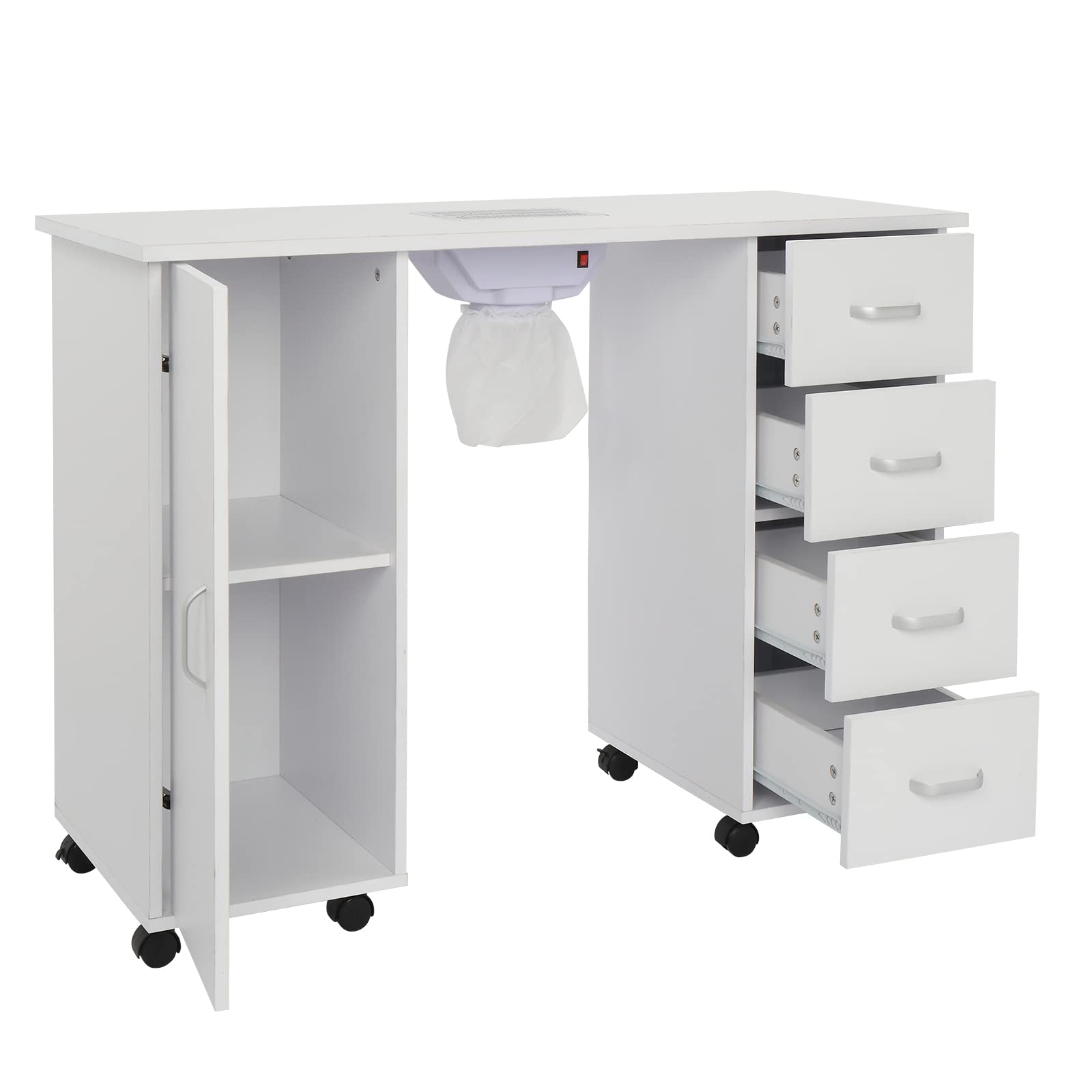 Professional Manicure Table with Downdraft Ventilation - Nail Tech Station with 4 Removable Drawers, 2-Tier Storage Cabinet & Lockable Wheels | Perfect for Salon, Spa & Home Nail Art Studio
