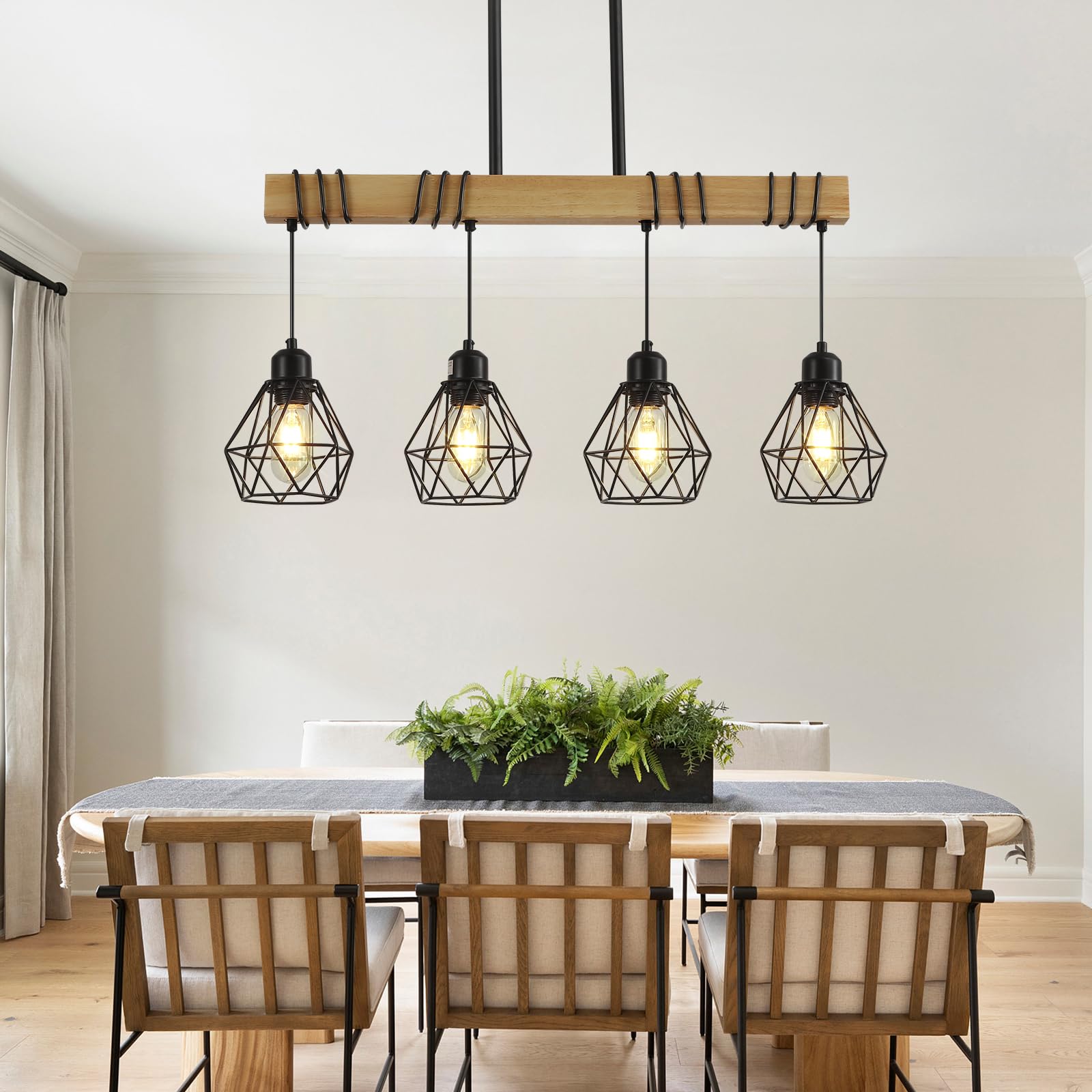 Modern Farmhouse 4-Light Kitchen Island Pendant Light - Black Rustic Wood Linear Chandelier for Dining Room & Table Lighting - Perfect for Farmhouse, Industrial & Rustic Home Decor