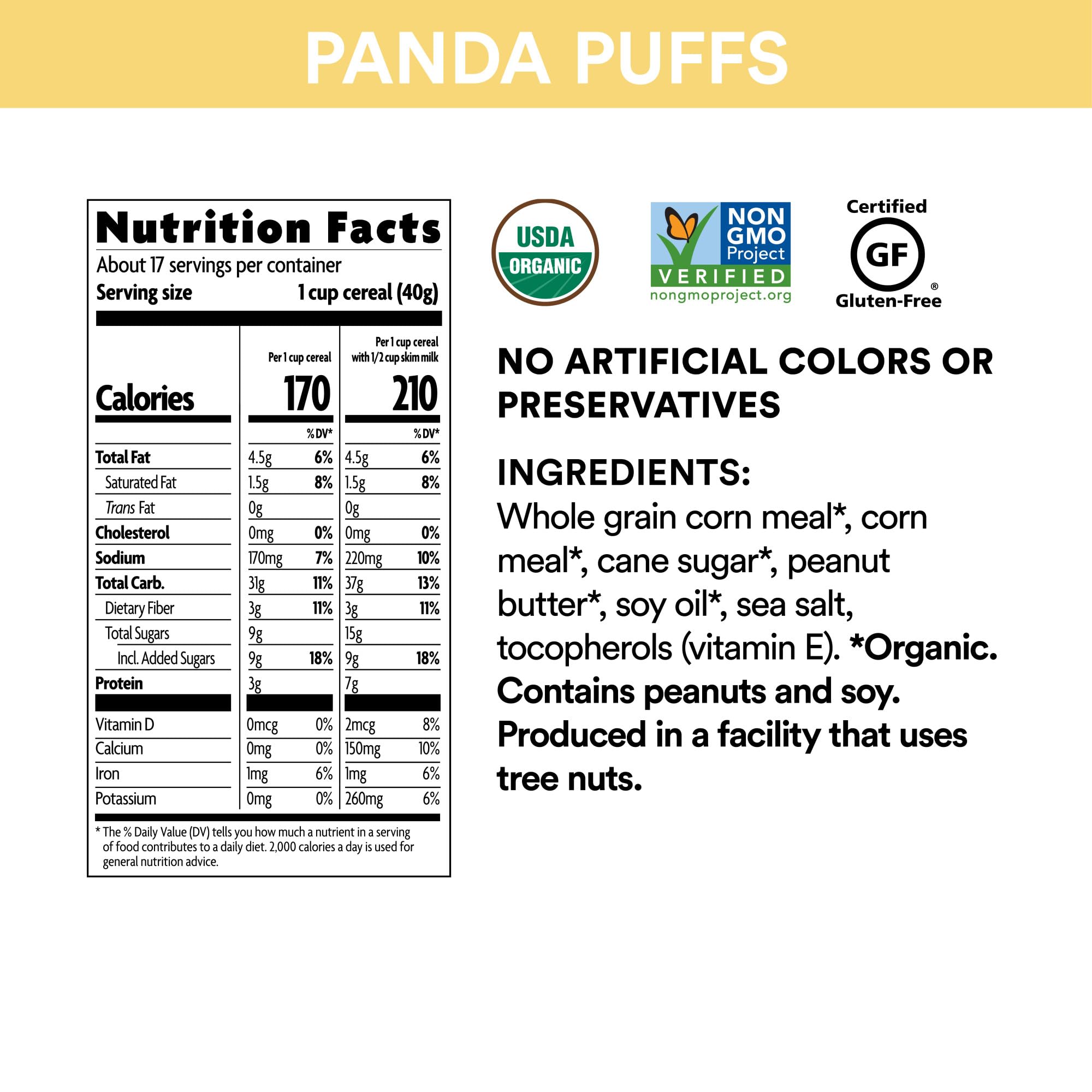 Organic Peanut Butter Cereal - Panda Puffs by Nature's Path | Gluten Free, Non-GMO, 1.54 Lbs (Pack of 3) | Eco-Friendly Packaging | Healthy Breakfast & Snack for Kids