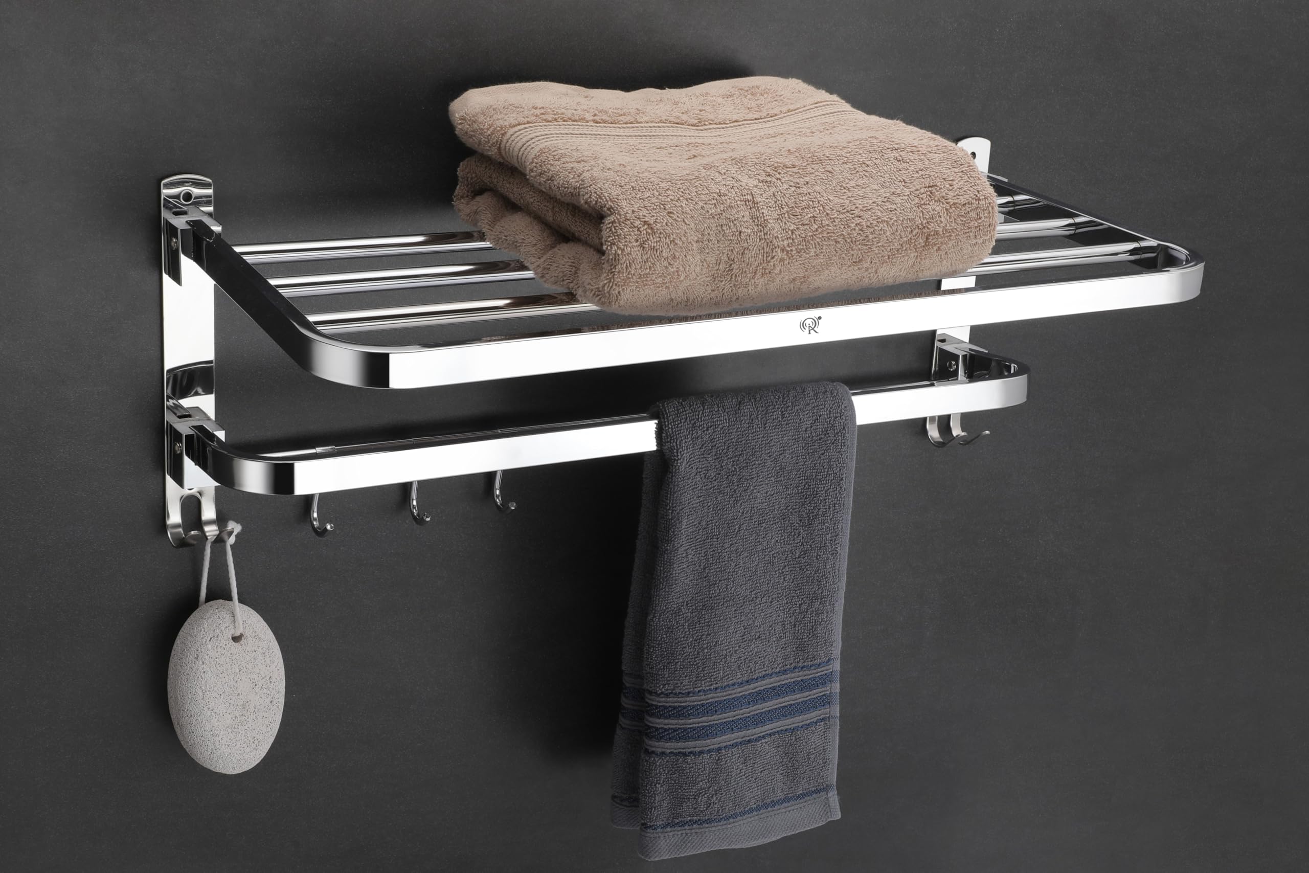 Raxon Innovation 24-Inch Stainless Steel Folding Towel Rack - Heavy Duty Bathroom Towel Holder & Stand with Wall Mount - Space Saving Storage Solution for Towels, Robes & Bathroom Accessories (Pack of 1) - Perfect for Small Bathrooms, Apartments & Laundry Rooms