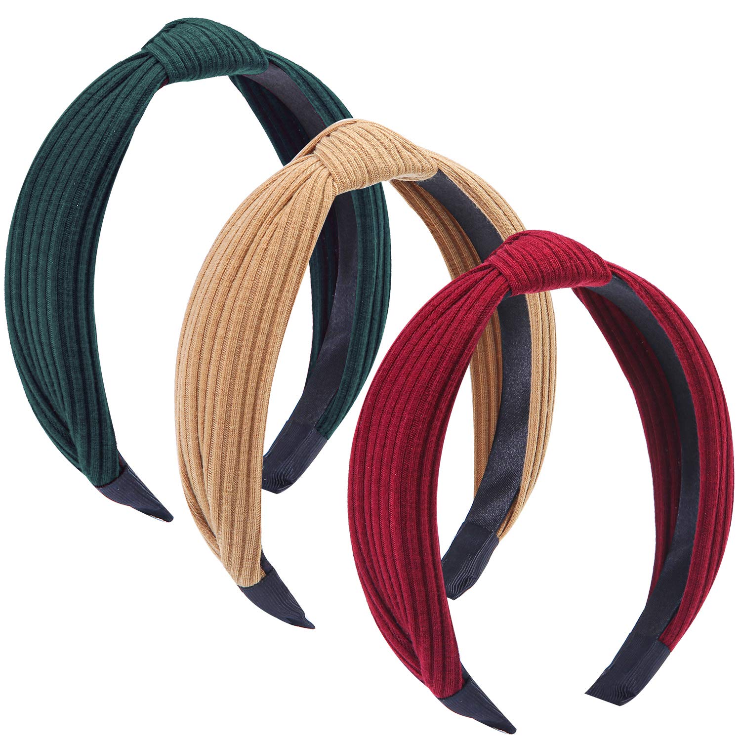 3 Pack Women's Wide Plain Headbands - Fashion Knot Turban Hair Accessories for Women & Girls (Red, Pastel Yellow, Blackish Green) | Stretchy Elastic Hair Bands for Workouts, Yoga, Sports & Everyday Style